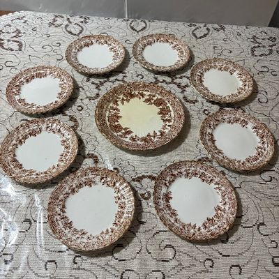 Victorian Brown Transferware Cake and Pastry Serving Set 9pc Cake Platter and 8 Cake Plates 7" Chrysanthemums (mums)