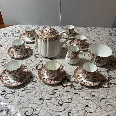 Victorian Brown Transferware Teaset 20pc teapot and lid creamer master sugar bowl 8 cups and 8 saucers Chrysanthemums (mums)