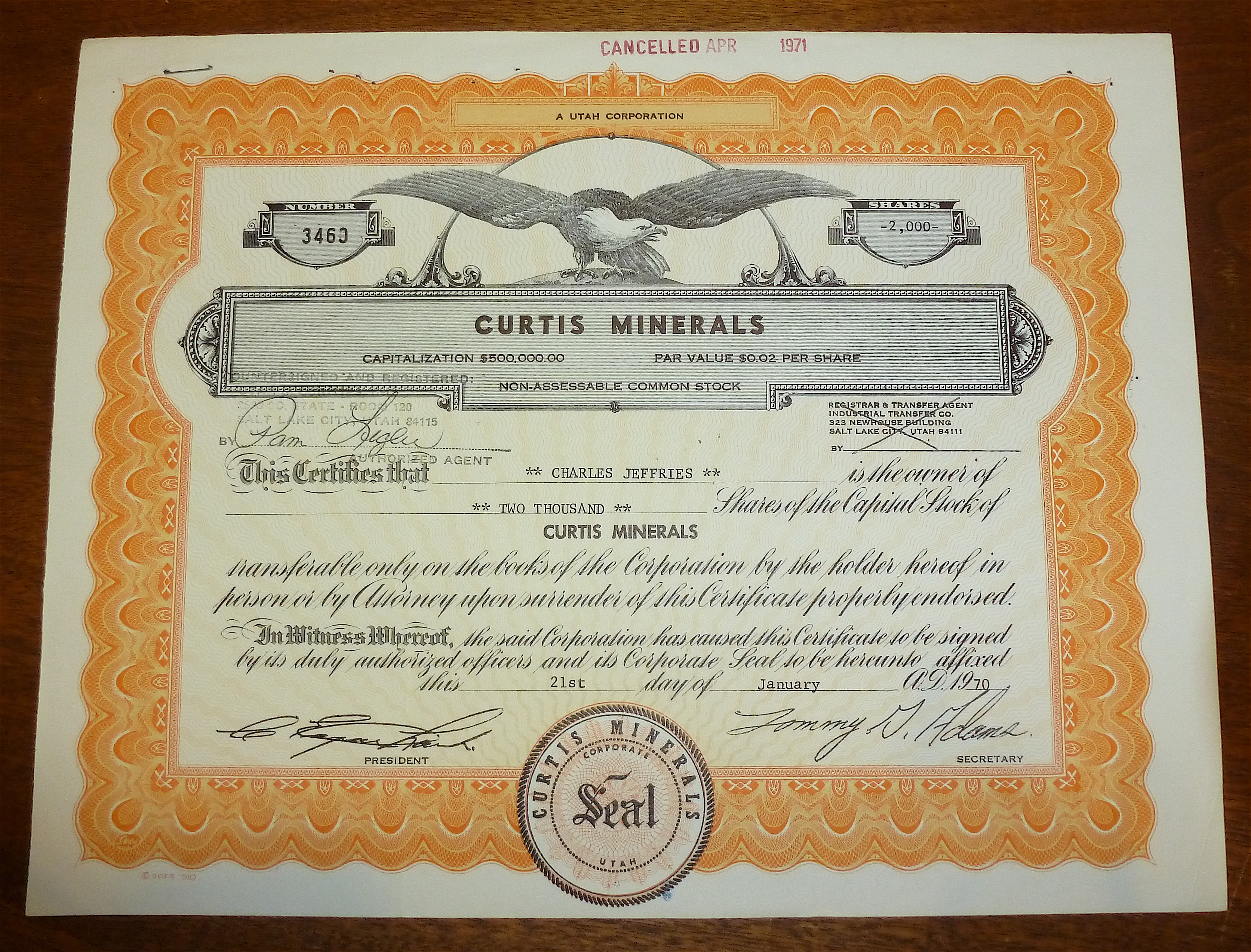 1970 Curtis Minerals Stock Certificate