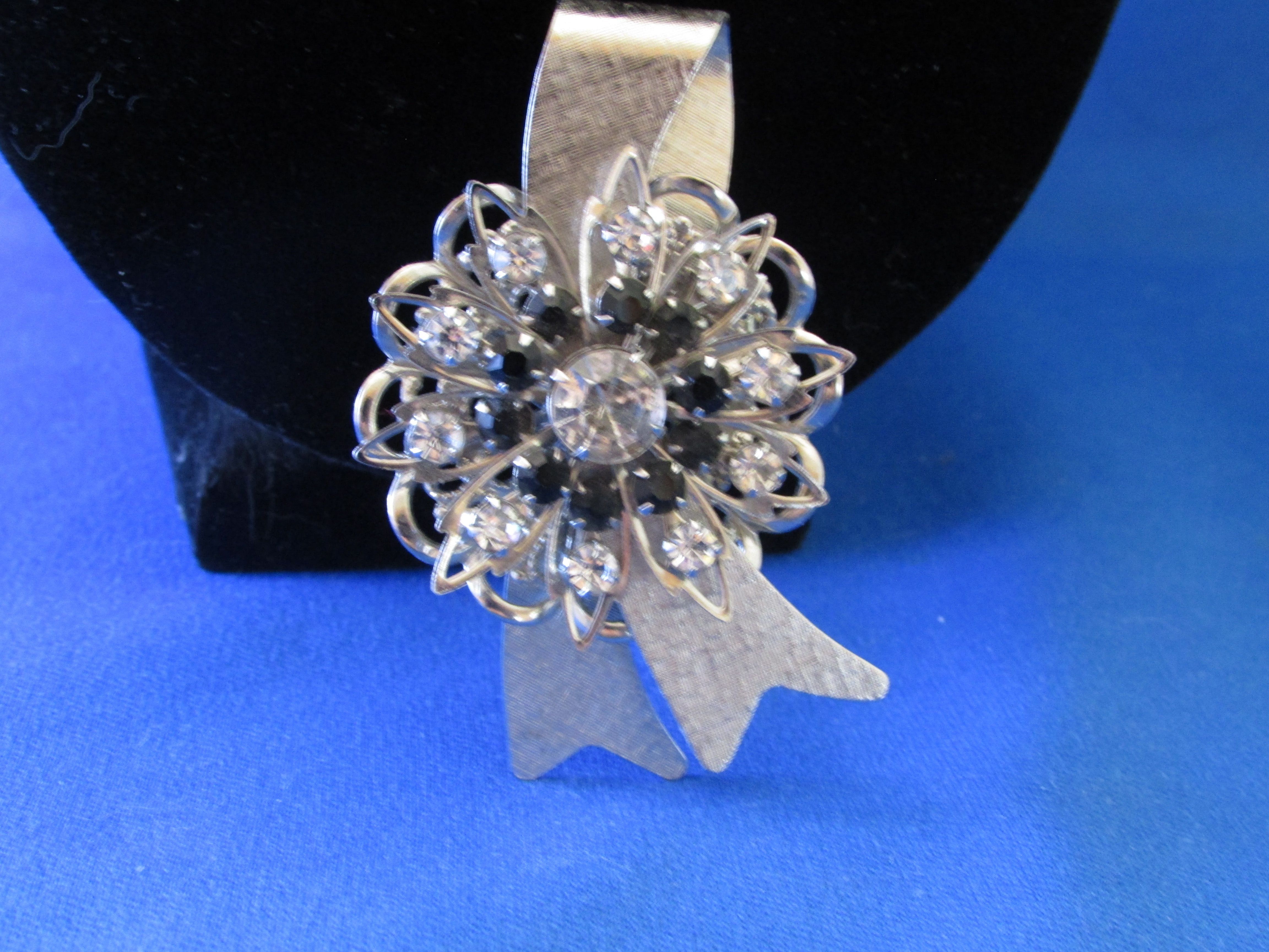 Silver and Black Rhinestone Ribbon Brooch