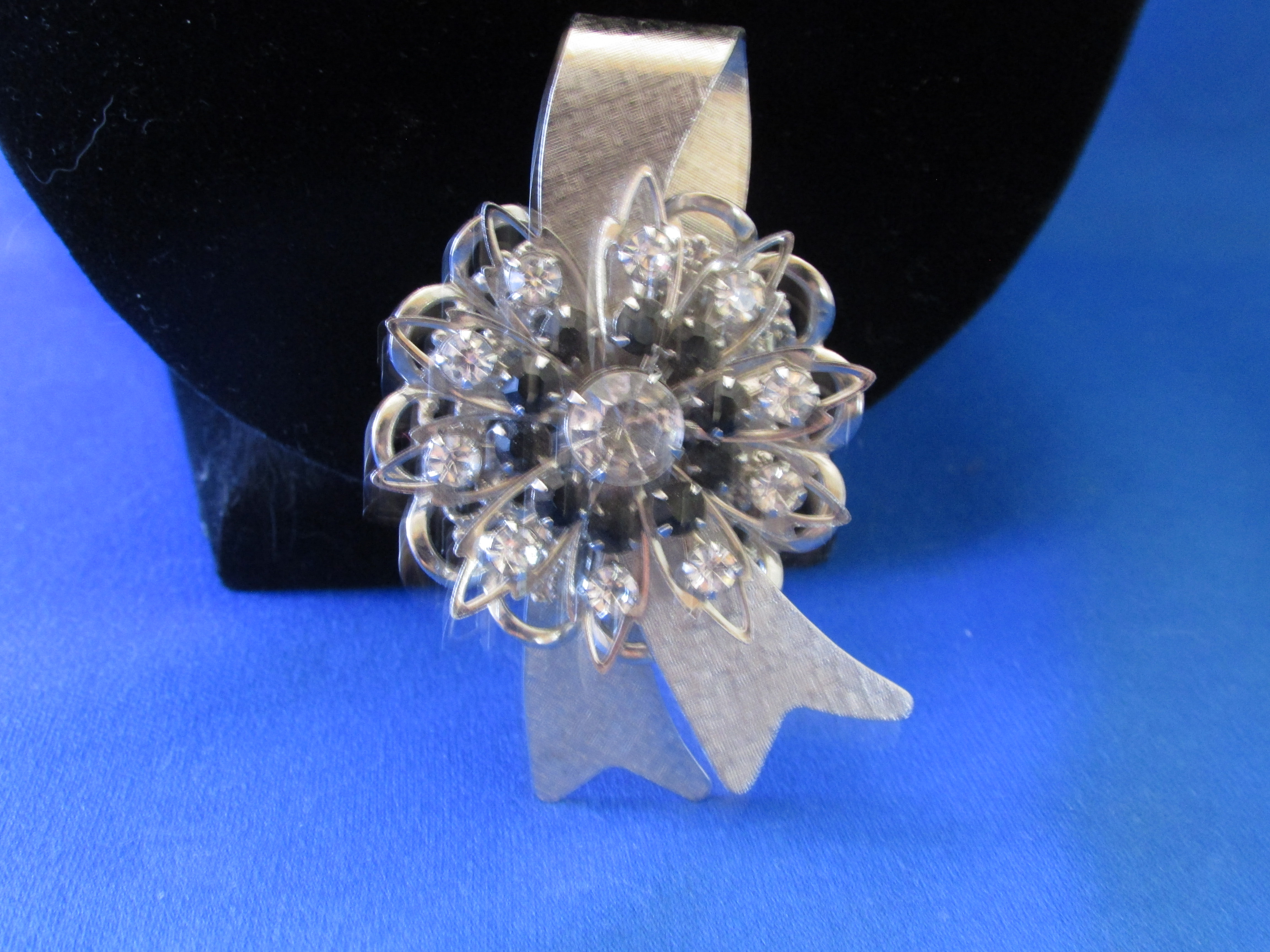 Silver and Black Rhinestone Ribbon Brooch