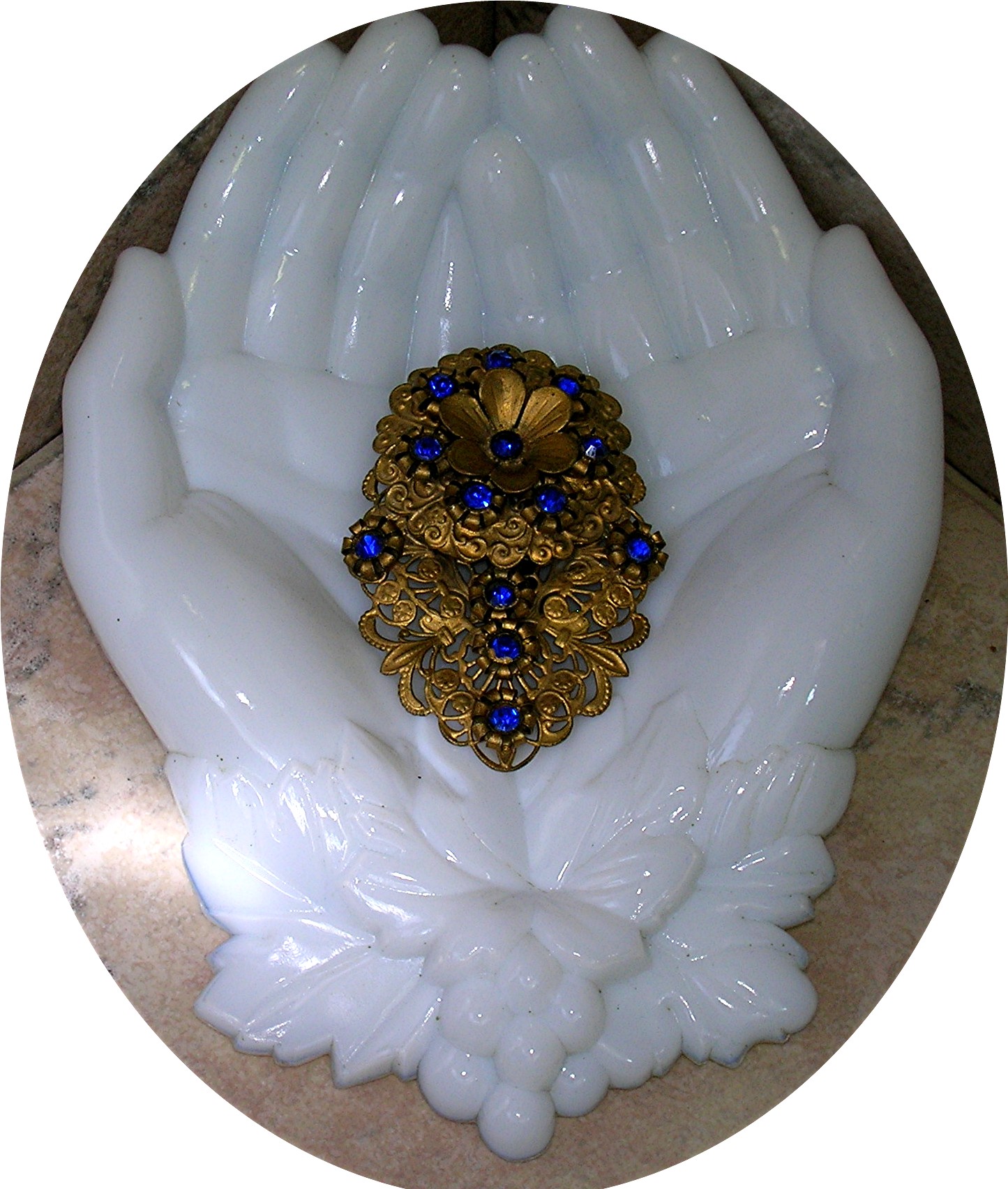 Dress Clip Sapphire Glass  Flowers Antique Filigree