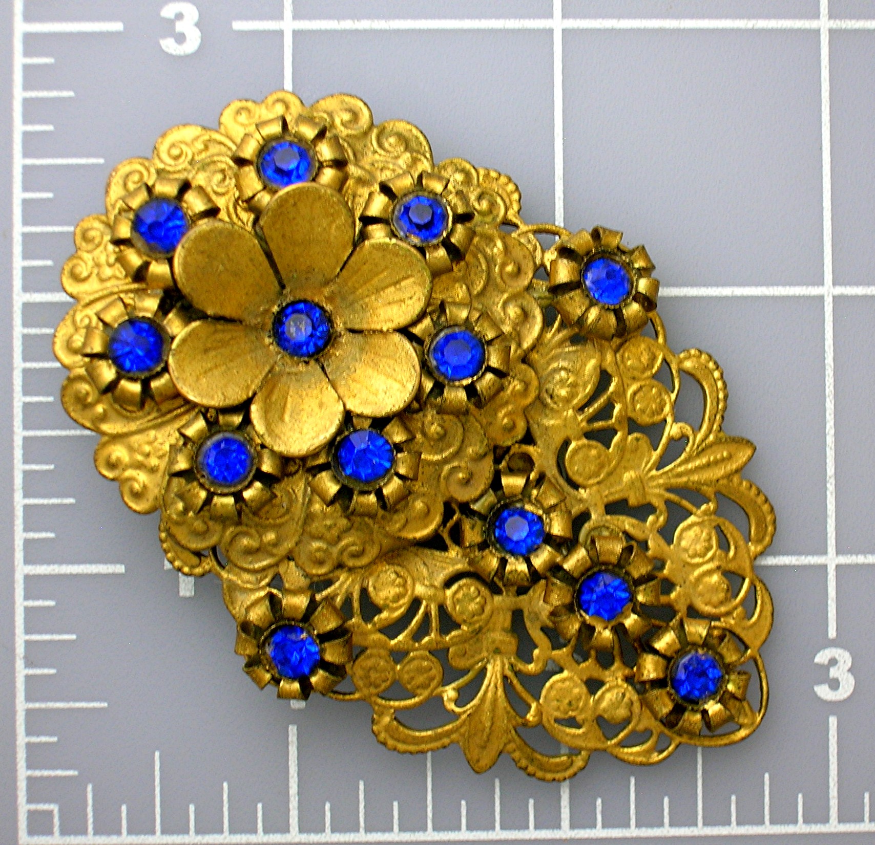 Dress Clip Sapphire Glass  Flowers Antique Filigree