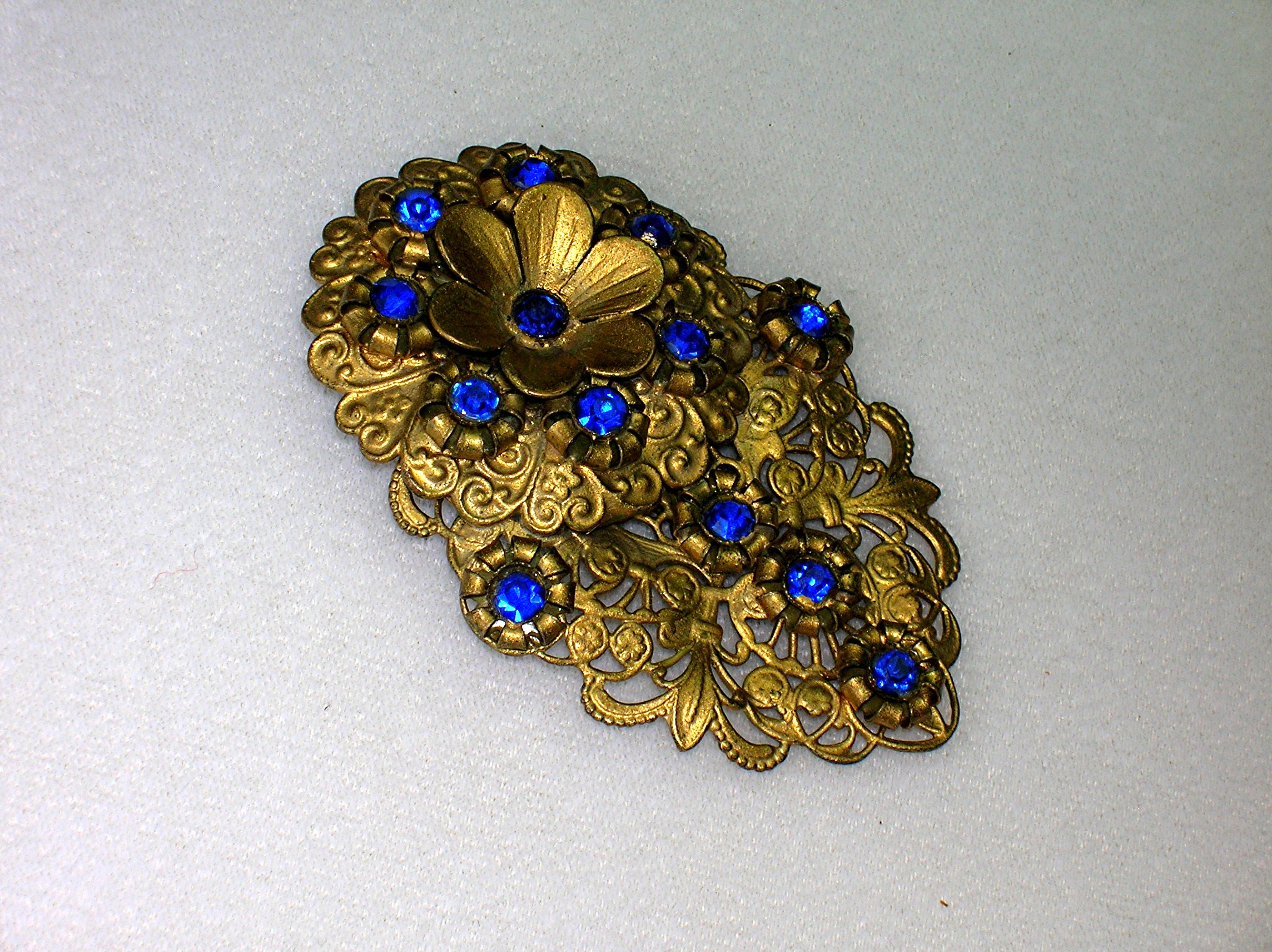 Dress Clip Sapphire Glass  Flowers Antique Filigree