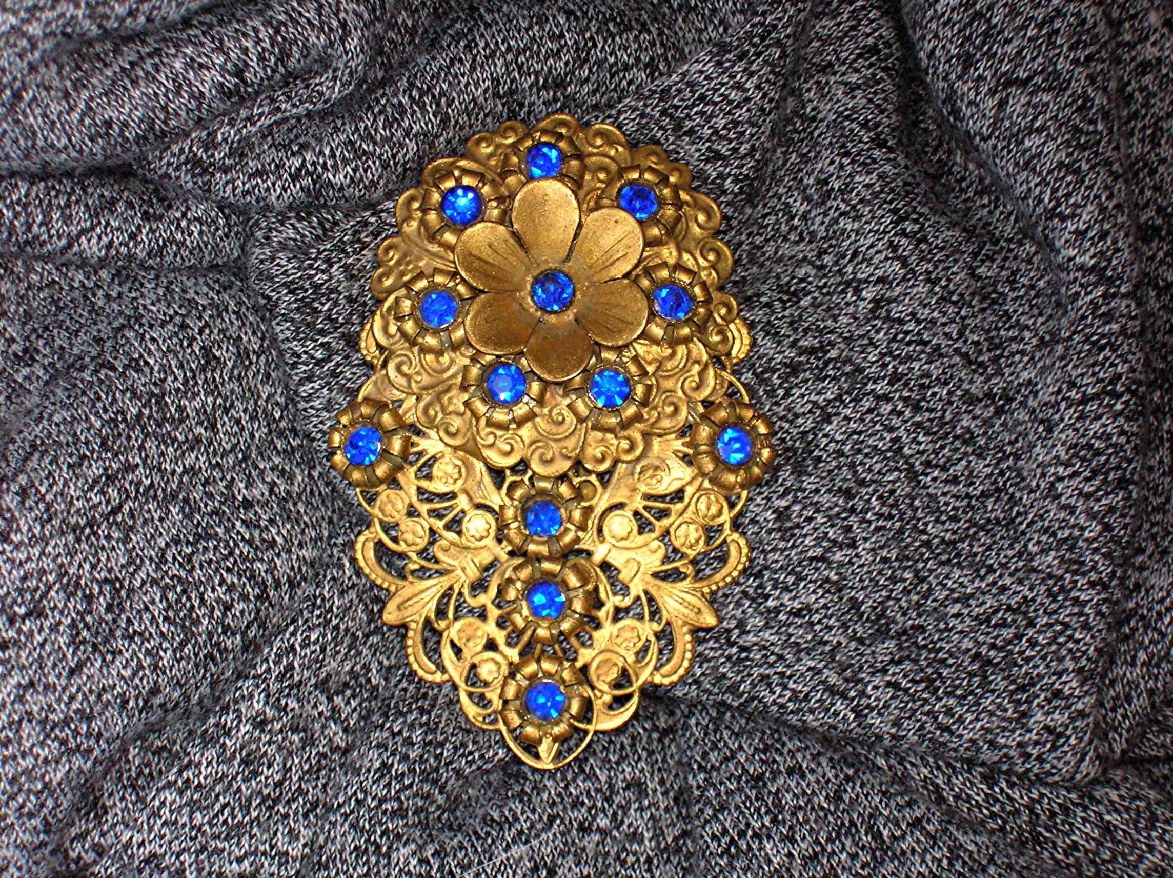 Dress Clip Sapphire Glass  Flowers Antique Filigree