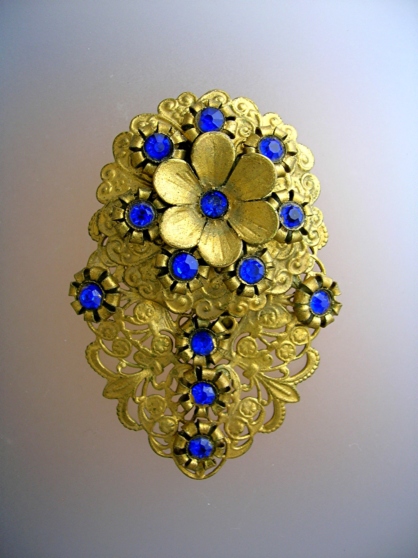 Dress Clip Sapphire Glass  Flowers Antique Filigree
