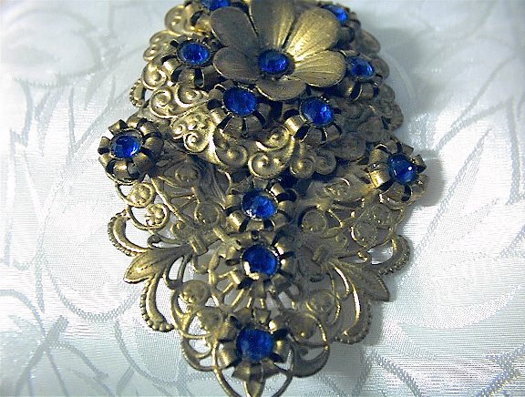Dress Clip Sapphire Glass Flowers Antique Filigree