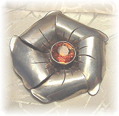 Silver Amber Glass  Flower Brooch Vintage