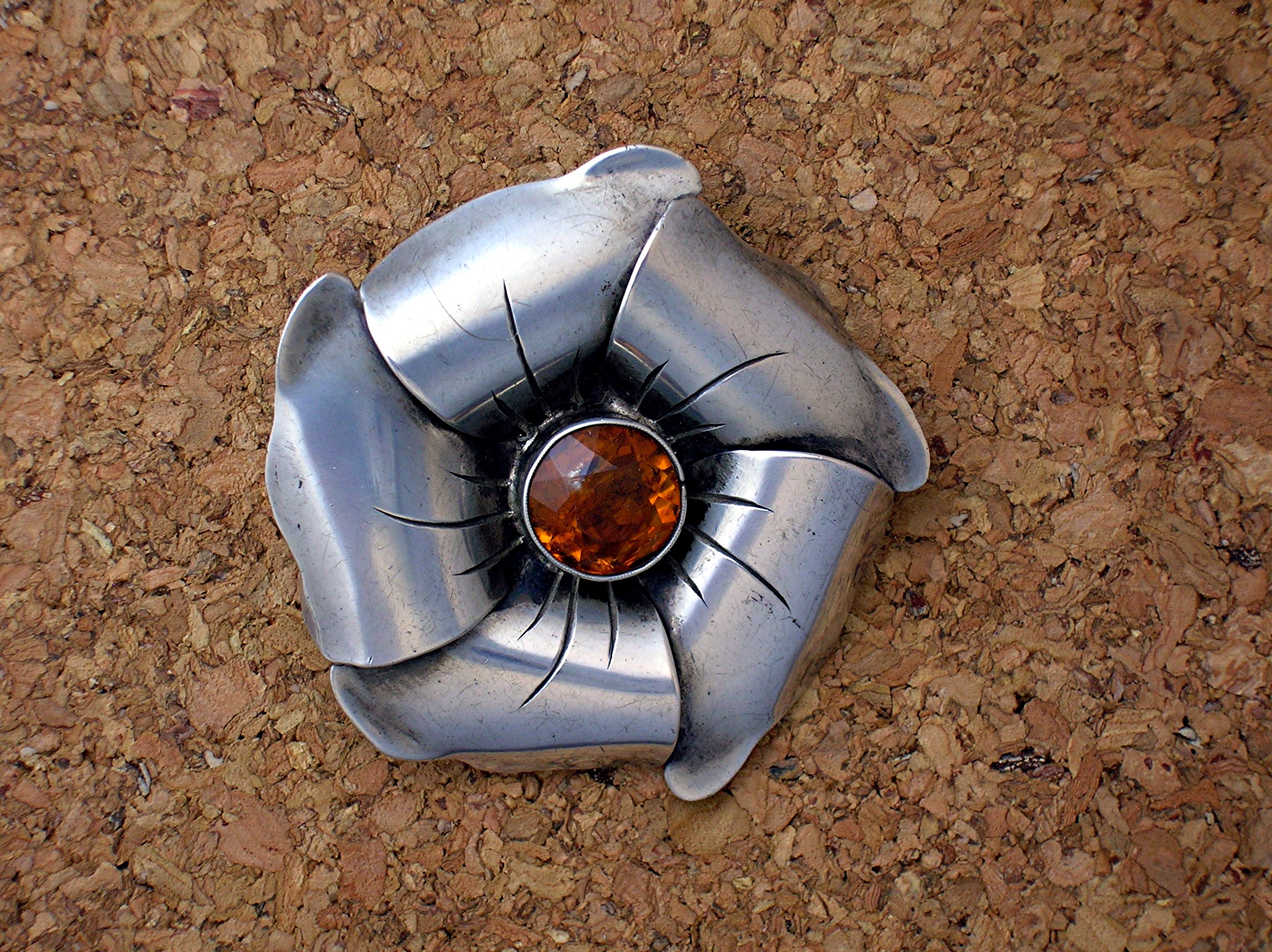 Silver Amber Glass  Flower Brooch Vintage