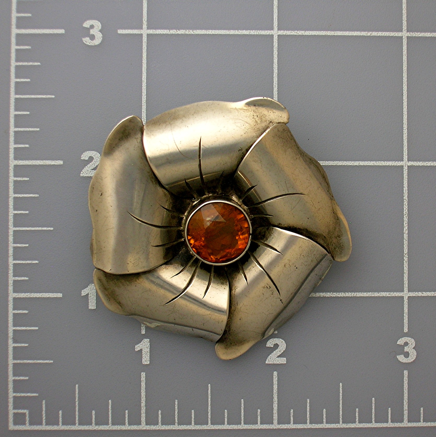 Silver Amber Glass  Flower Brooch Vintage