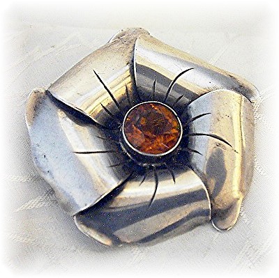 Silver Amber Glass  Flower Brooch Vintage