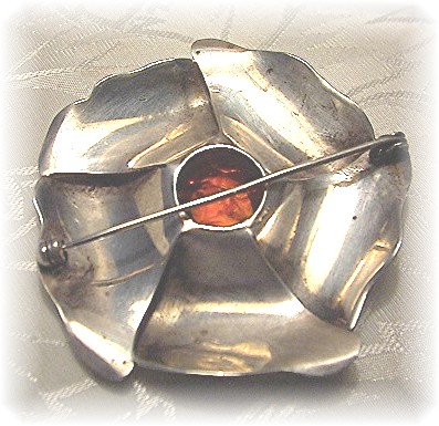 Silver Amber Glass  Flower Brooch Vintage