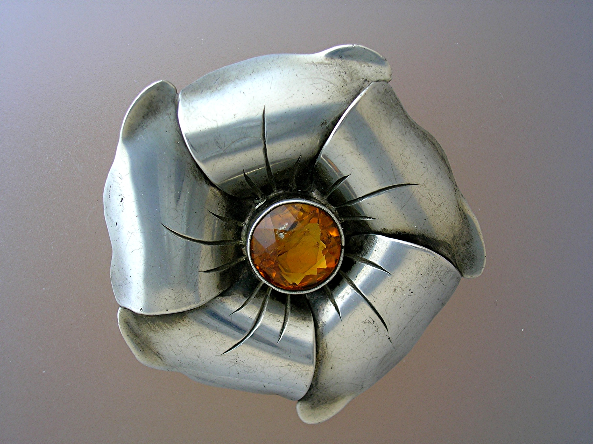 Silver Amber Glass  Flower Brooch Vintage