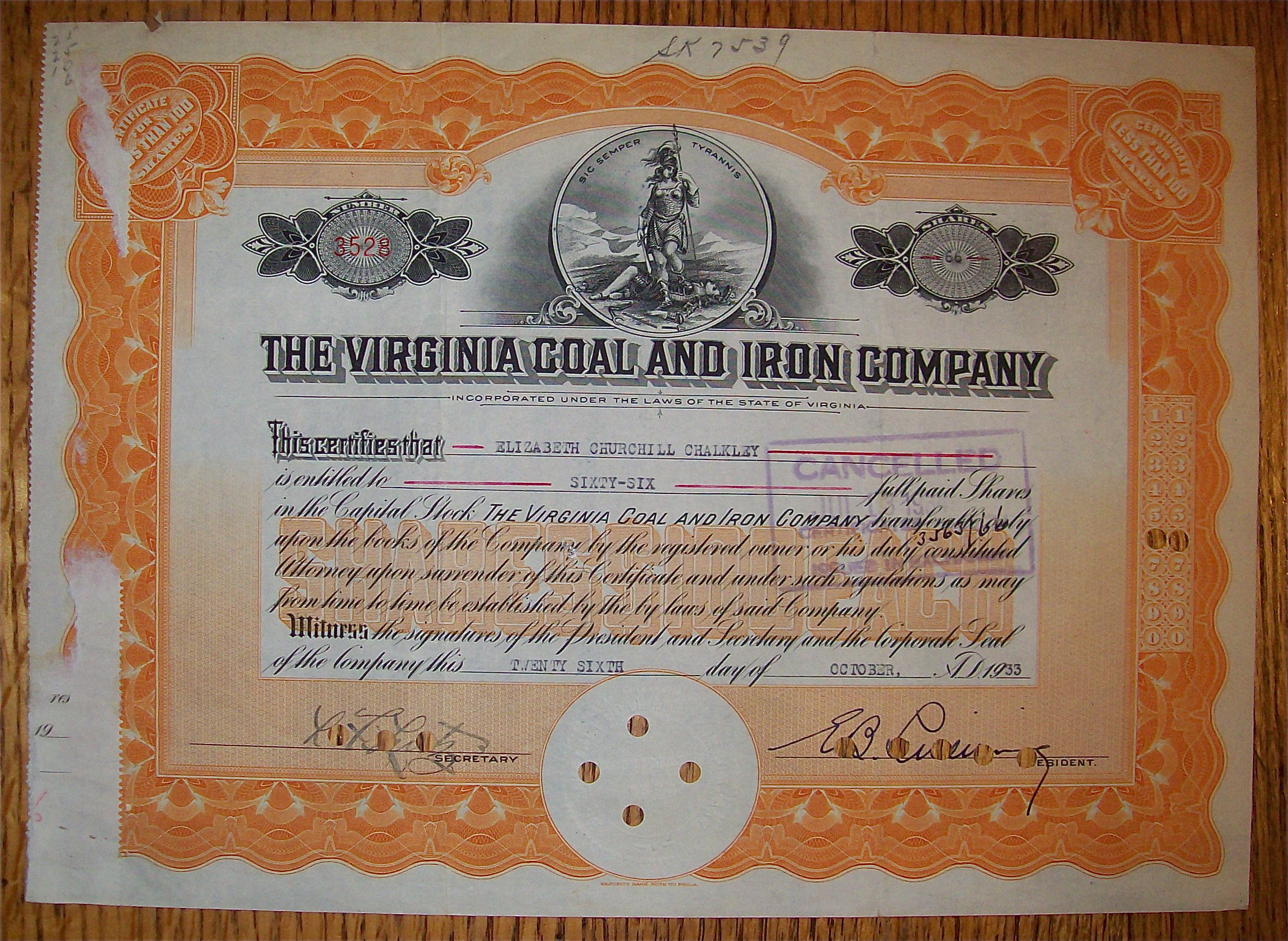 1933 Virginia Coal & Iron Company Stock Certificate