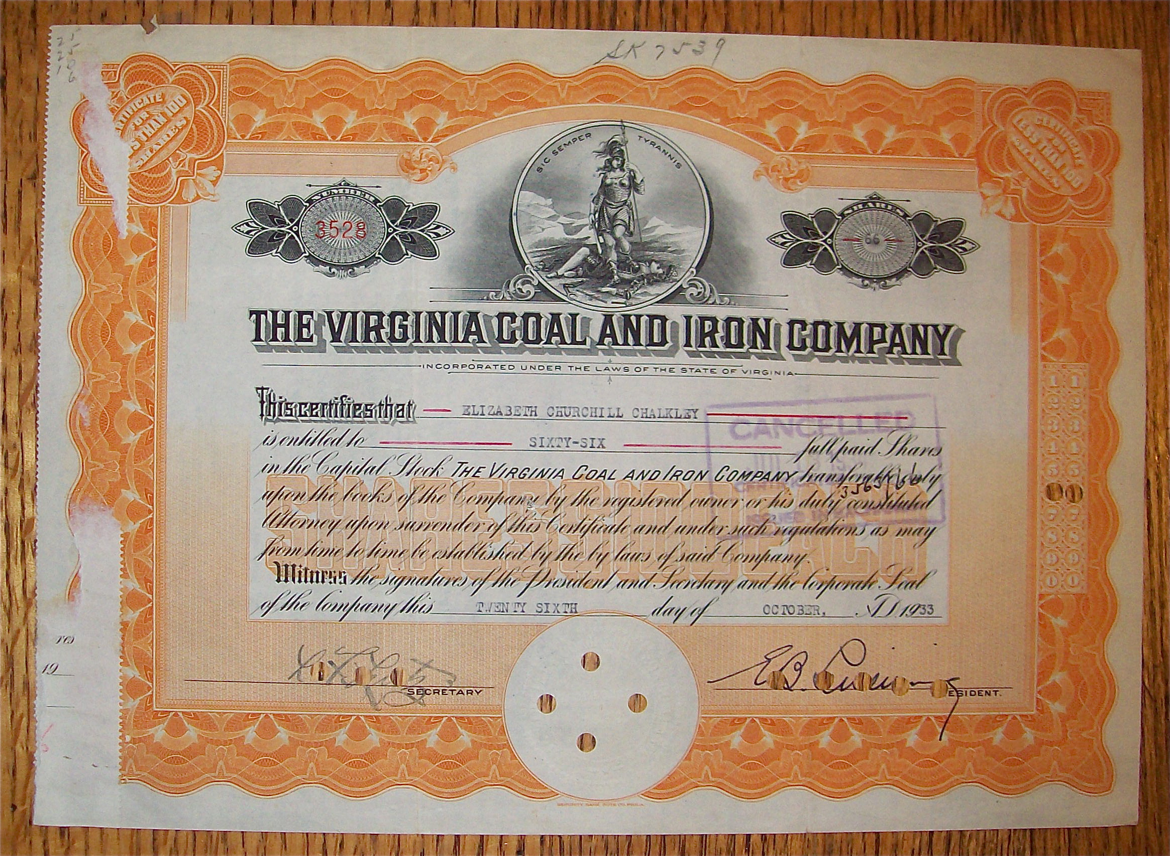 1933 Virginia Coal & Iron Company Stock Certificate