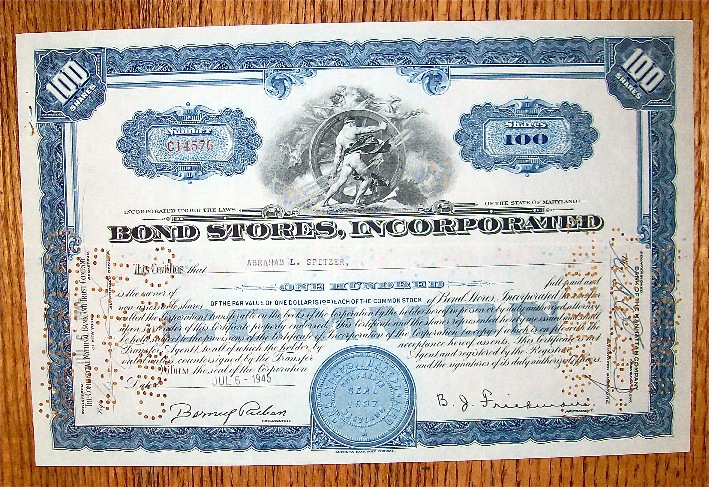 1945 Bond Stores Inc. Stock Certificate