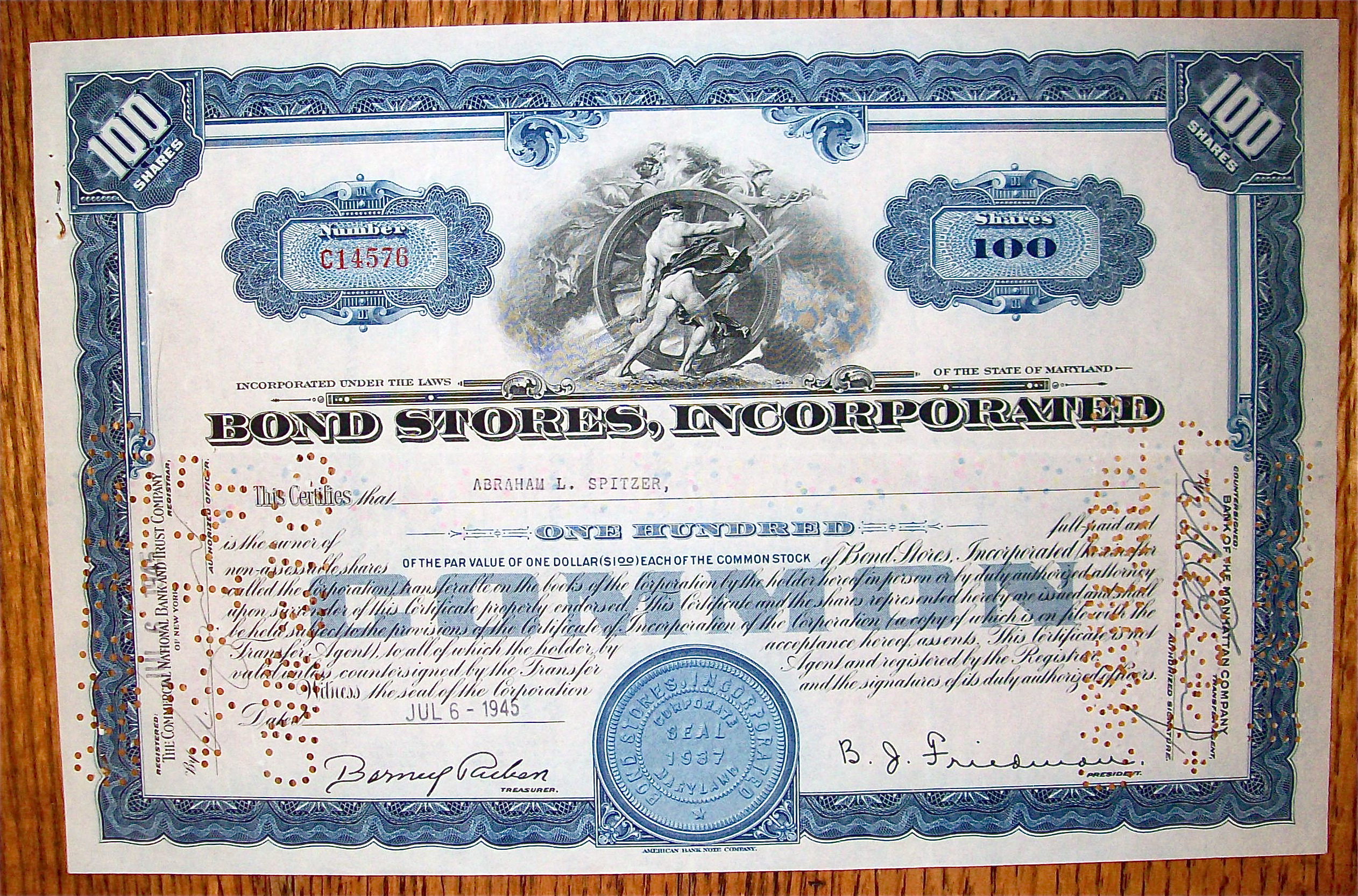 1945 Bond Stores Inc. Stock Certificate