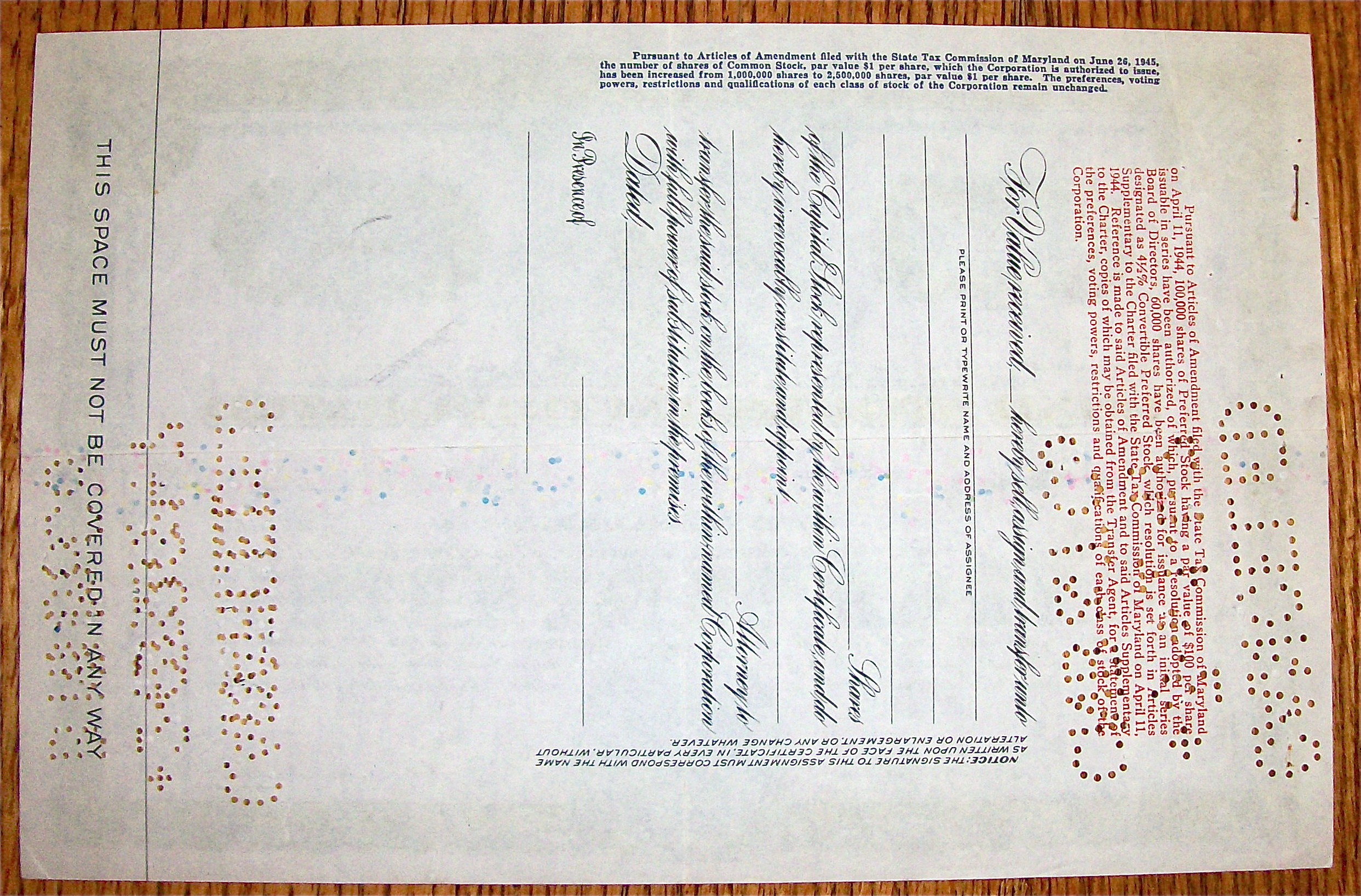 1945 Bond Stores Inc. Stock Certificate
