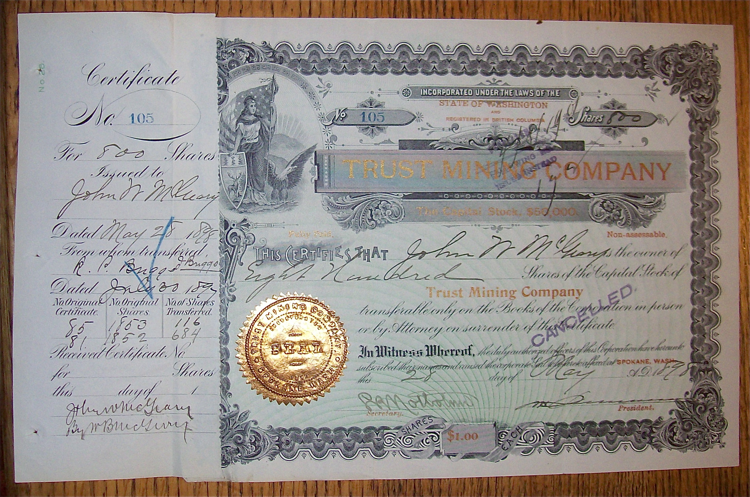1898 Trust Mining Company Stock Certificate