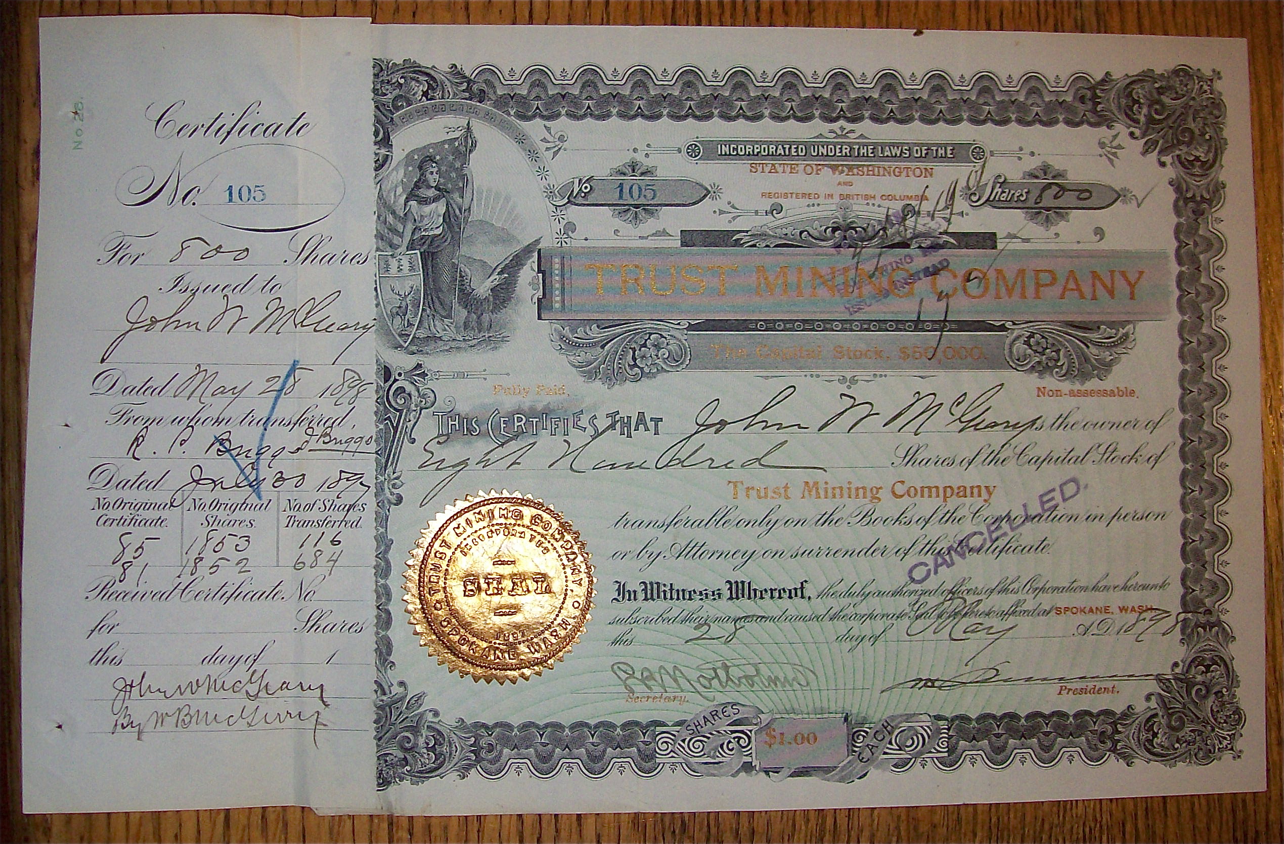 1898 Trust Mining Company Stock Certificate