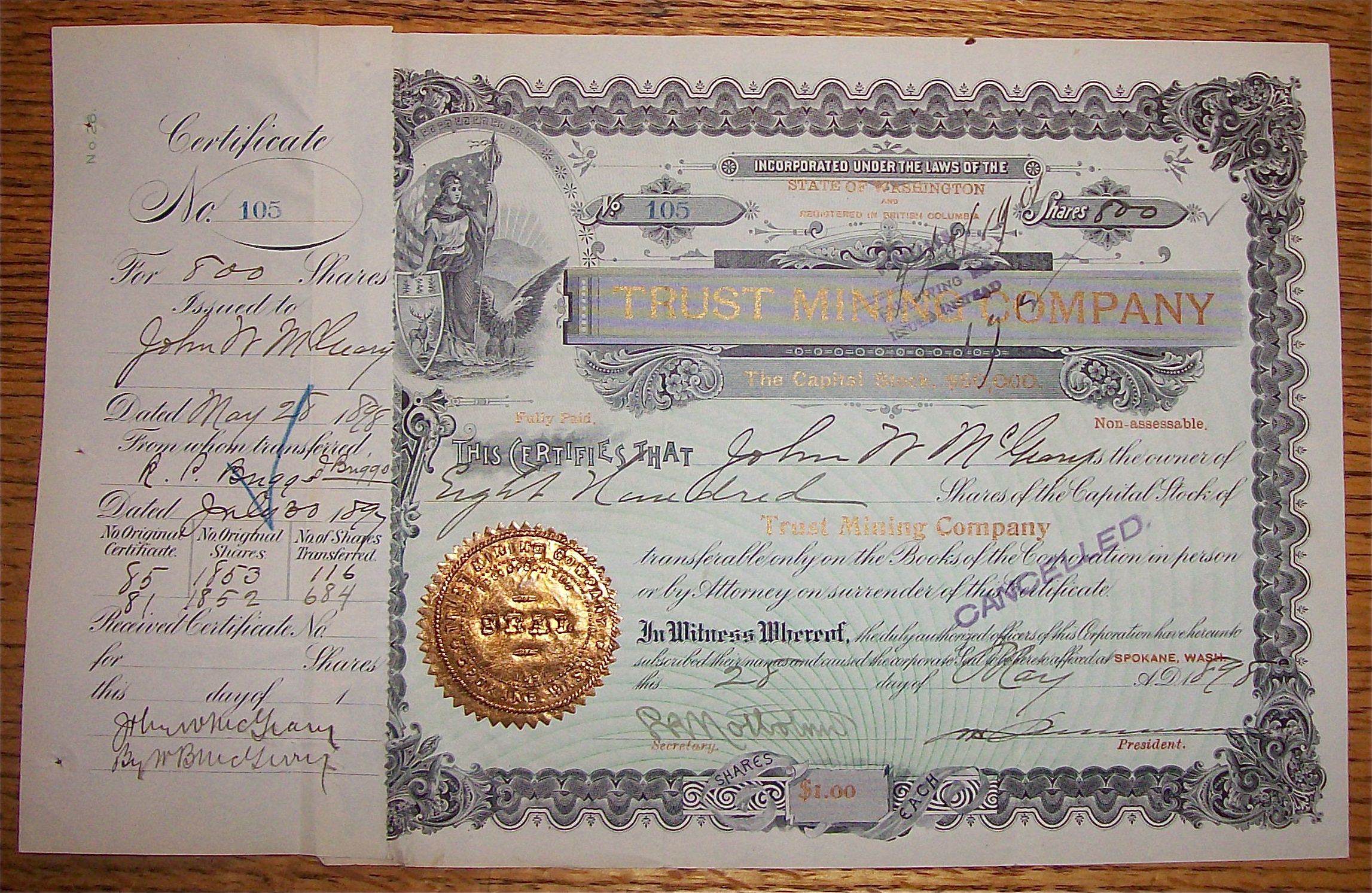 1898 Trust Mining Company Stock Certificate