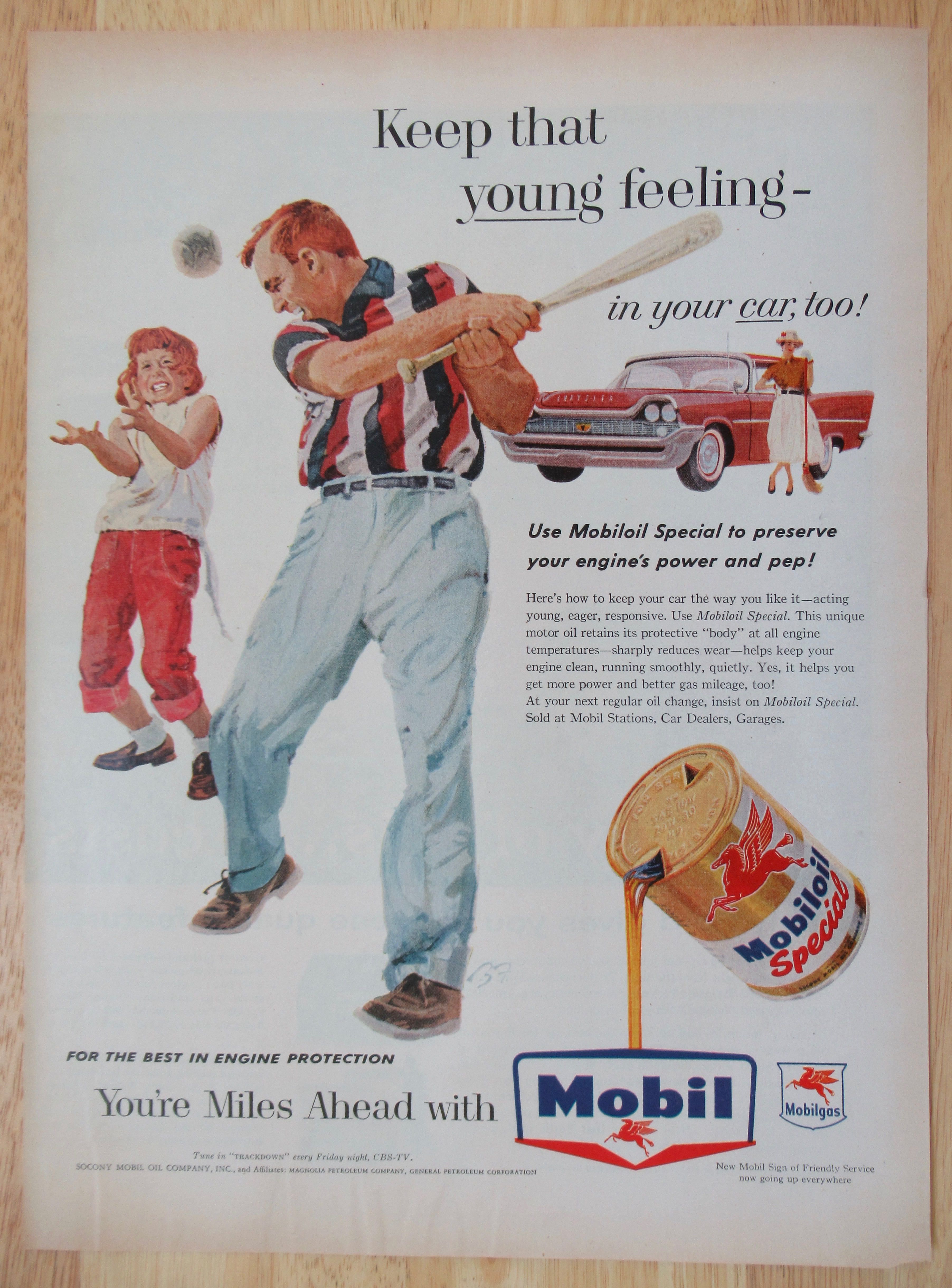 1958 Mobil Oil Special with Man & Girl Playing Ball