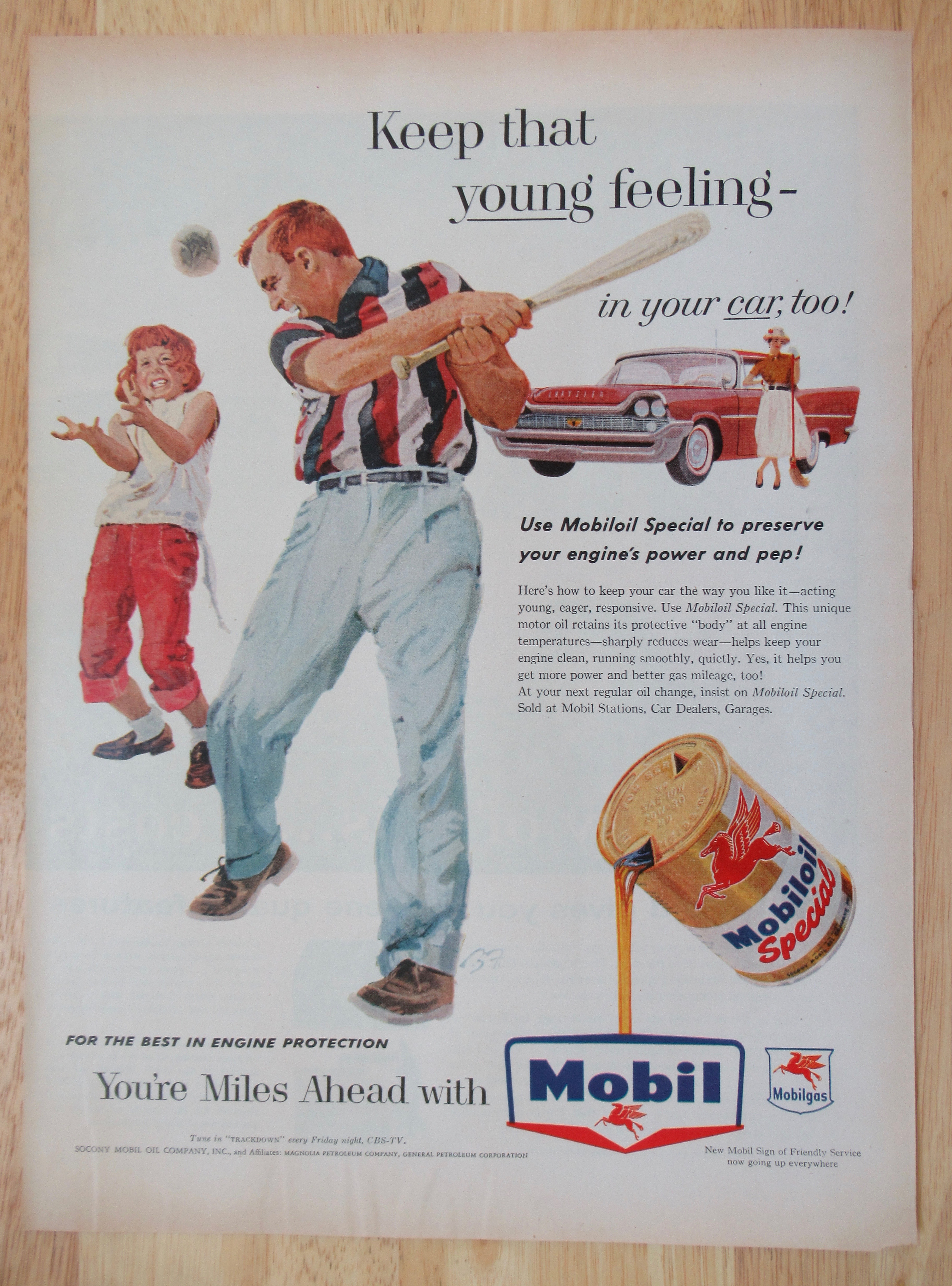 1958 Mobil Oil Special with Man & Girl Playing Ball