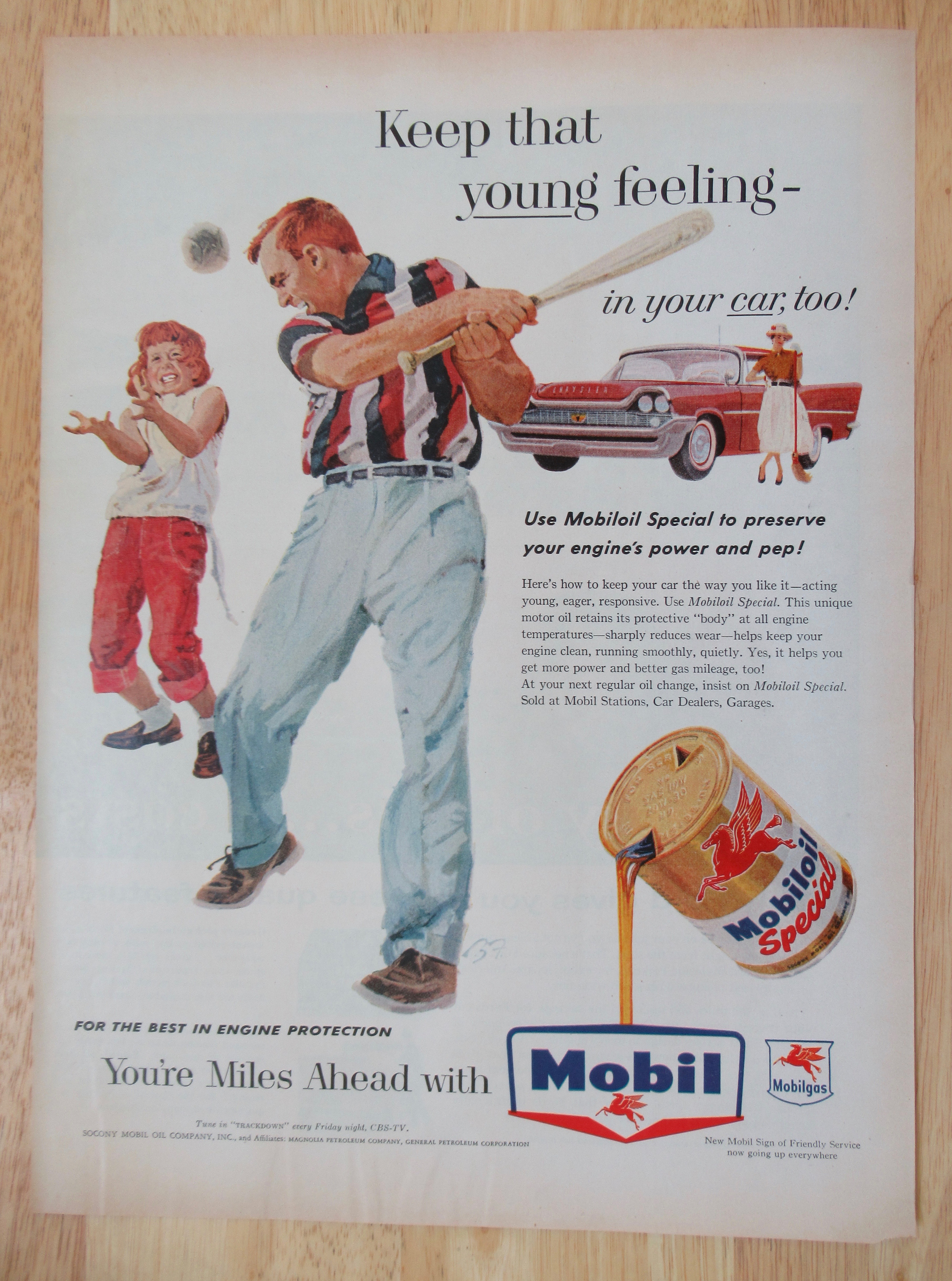 1958 Mobil Oil Special with Man & Girl Playing Ball