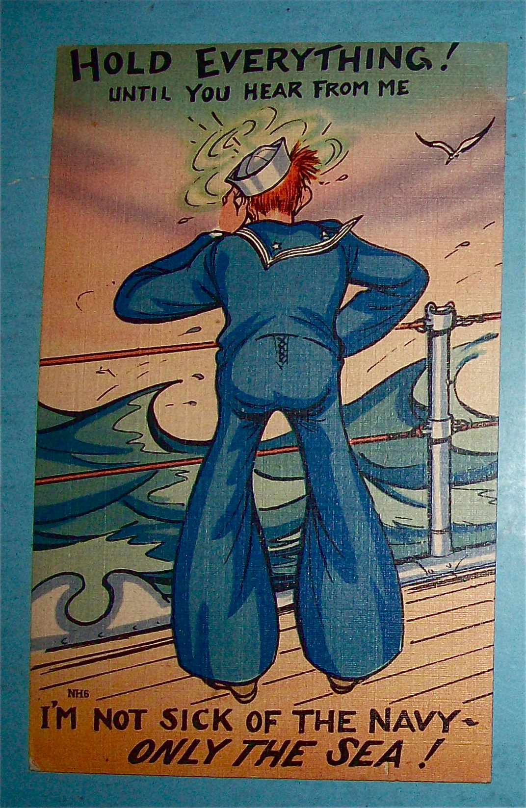 Soldier Scratching Head On Ship Postcard