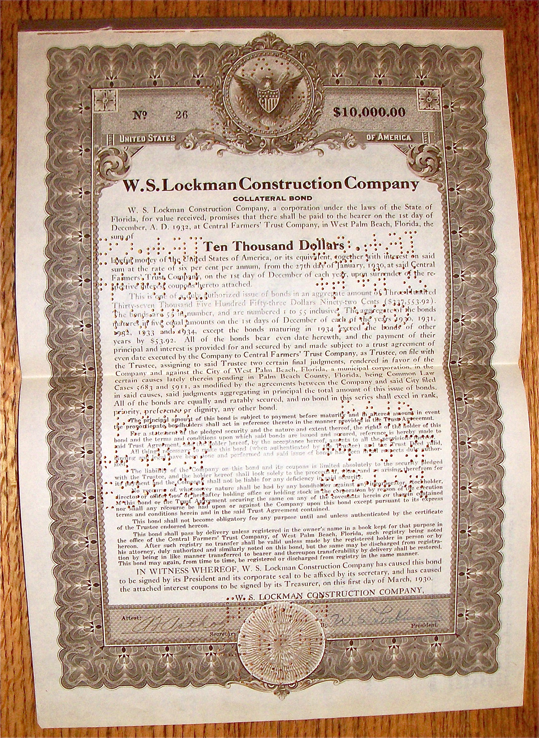 1932 W. S. Lockman Construction Company Bond