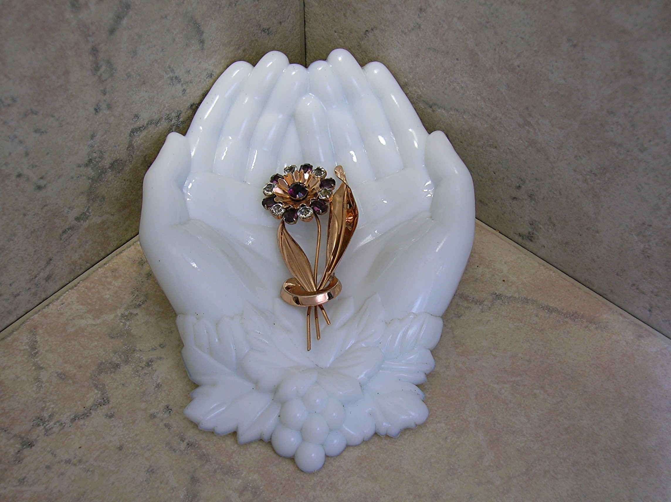 Copper Amethyst Rhinestone Flower Brooch