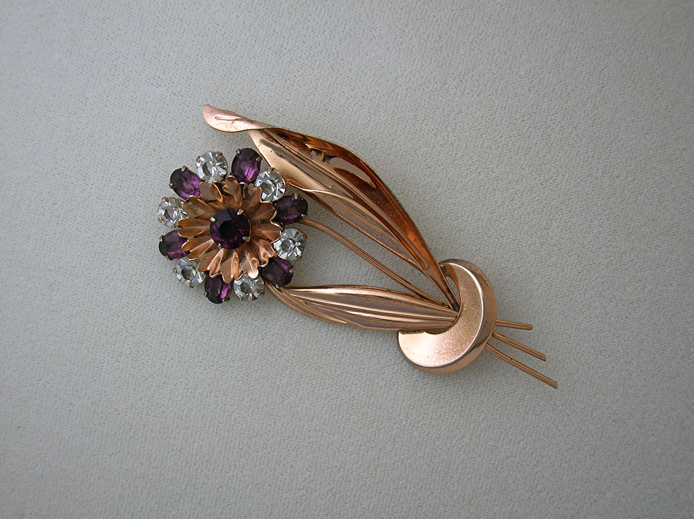 Copper Amethyst Rhinestone Flower Brooch