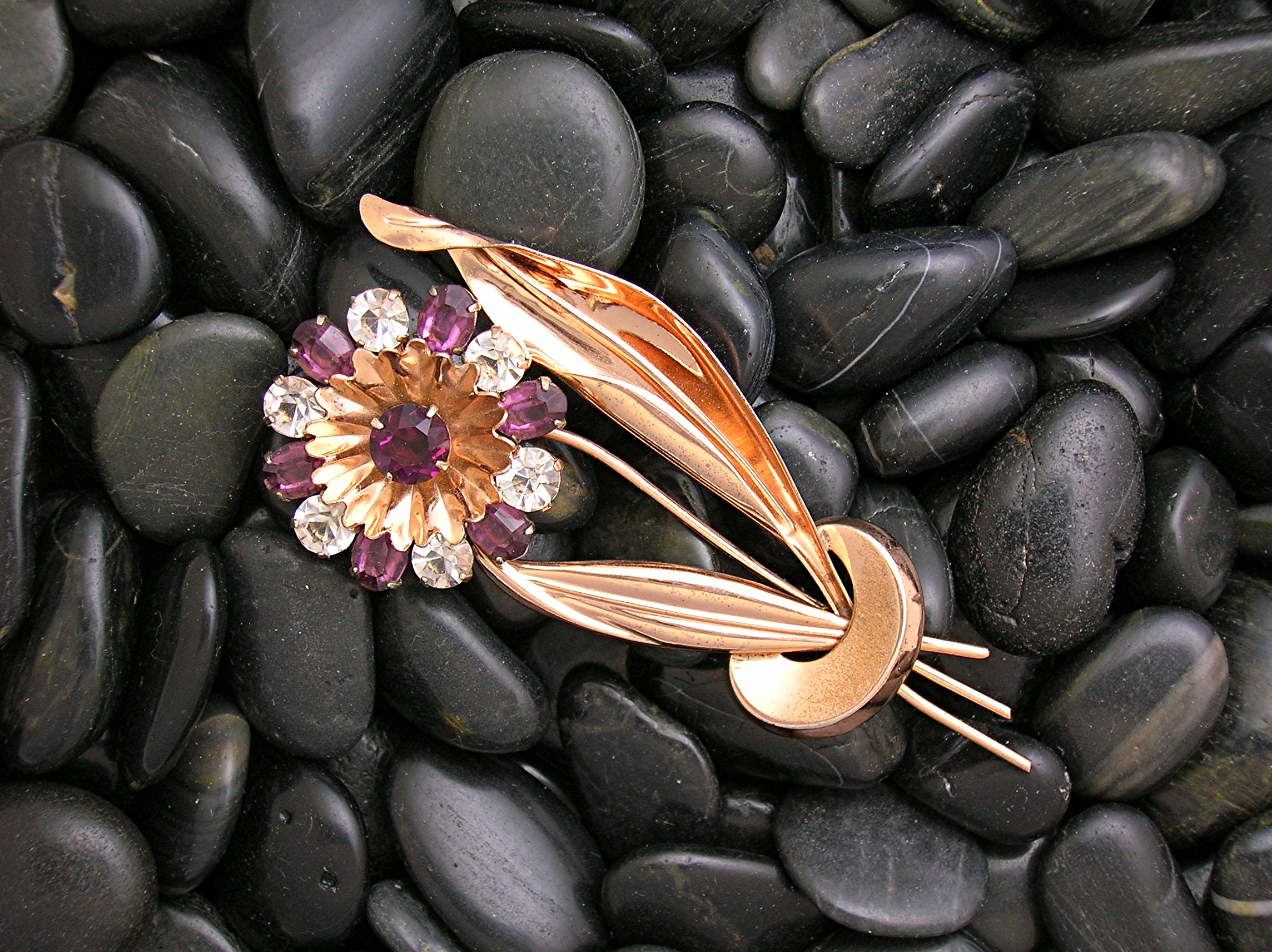 Copper Amethyst Rhinestone Flower Brooch