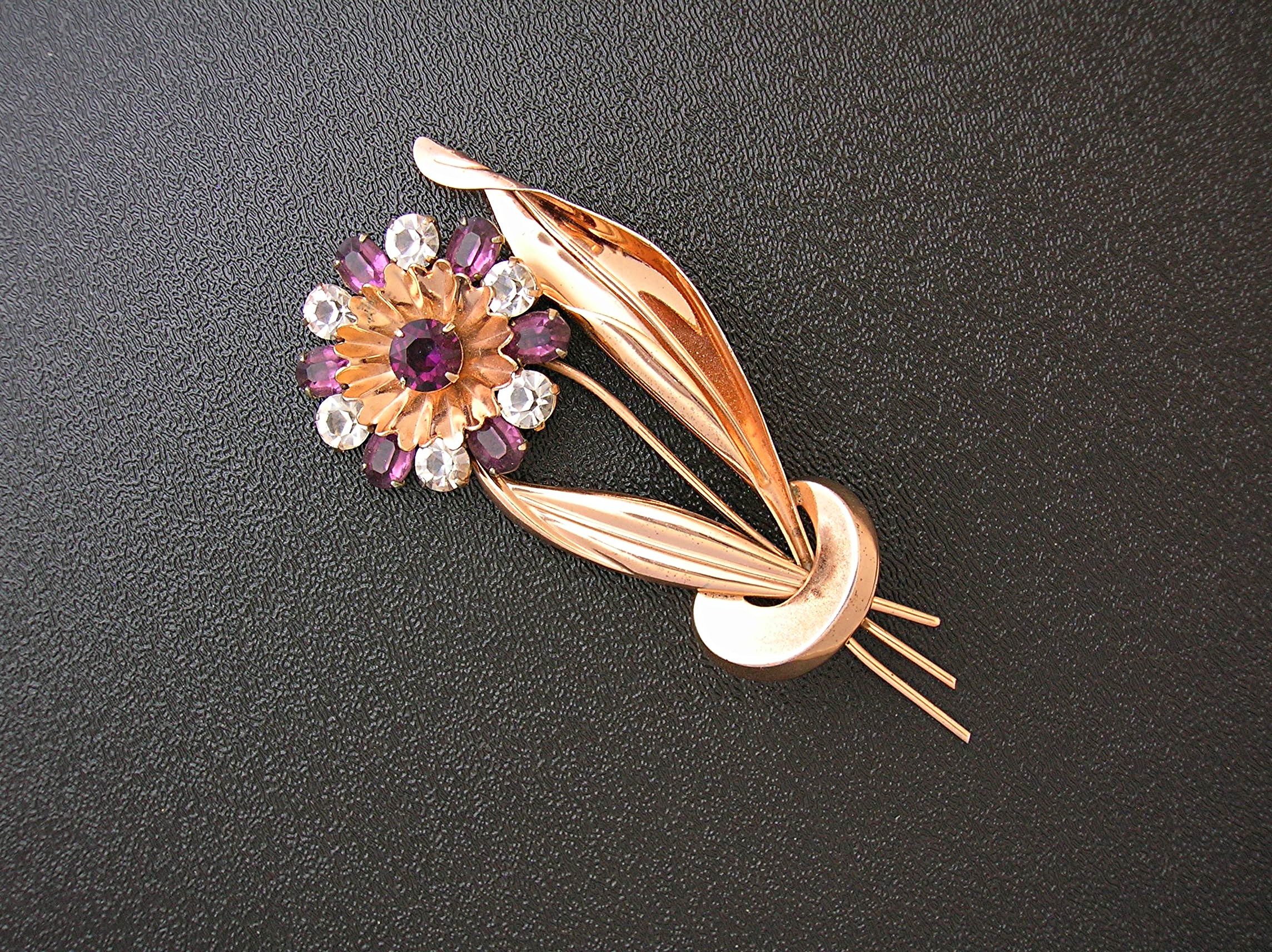 Copper Amethyst Rhinestone Flower Brooch