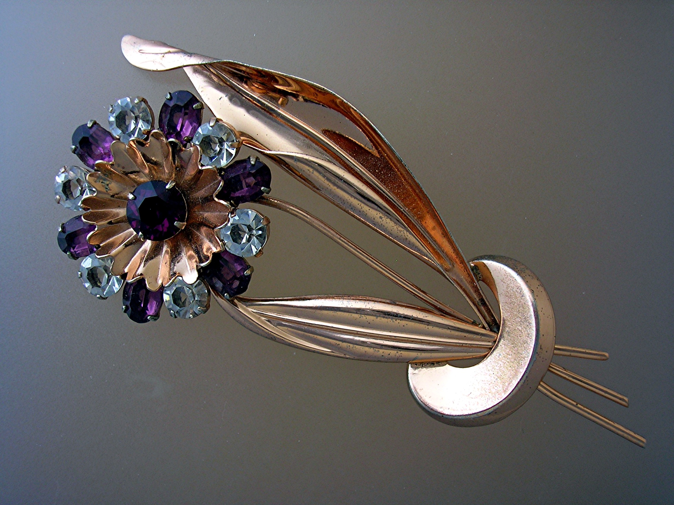 Copper Amethyst Rhinestone Flower Brooch