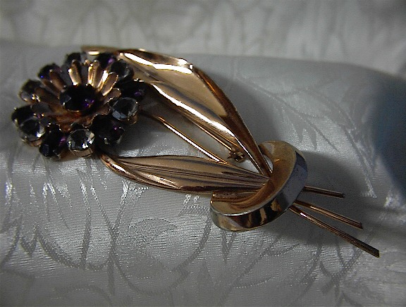 Copper Amethyst Rhinestone Flower Brooch