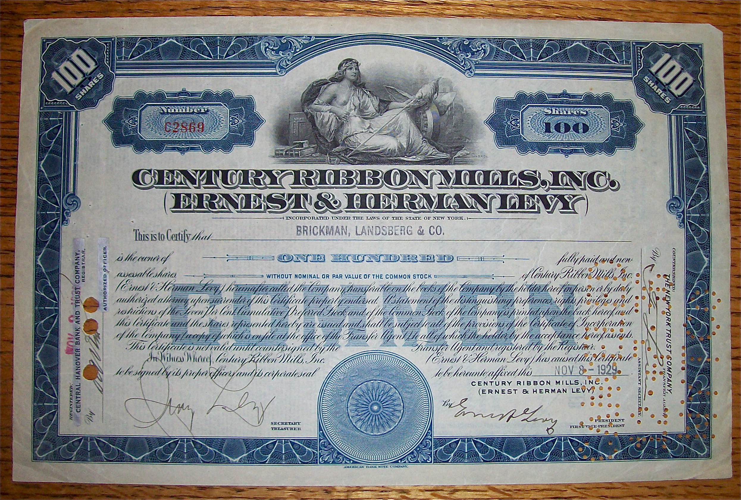 1929 Century Ribbon Mills Stock Certificate