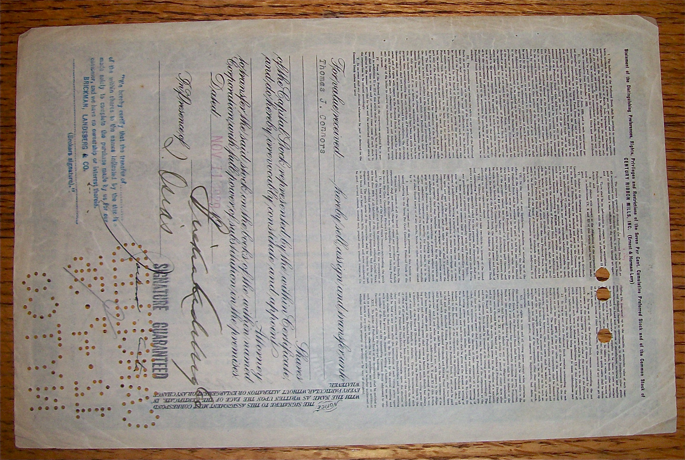 1929 Century Ribbon Mills Stock Certificate