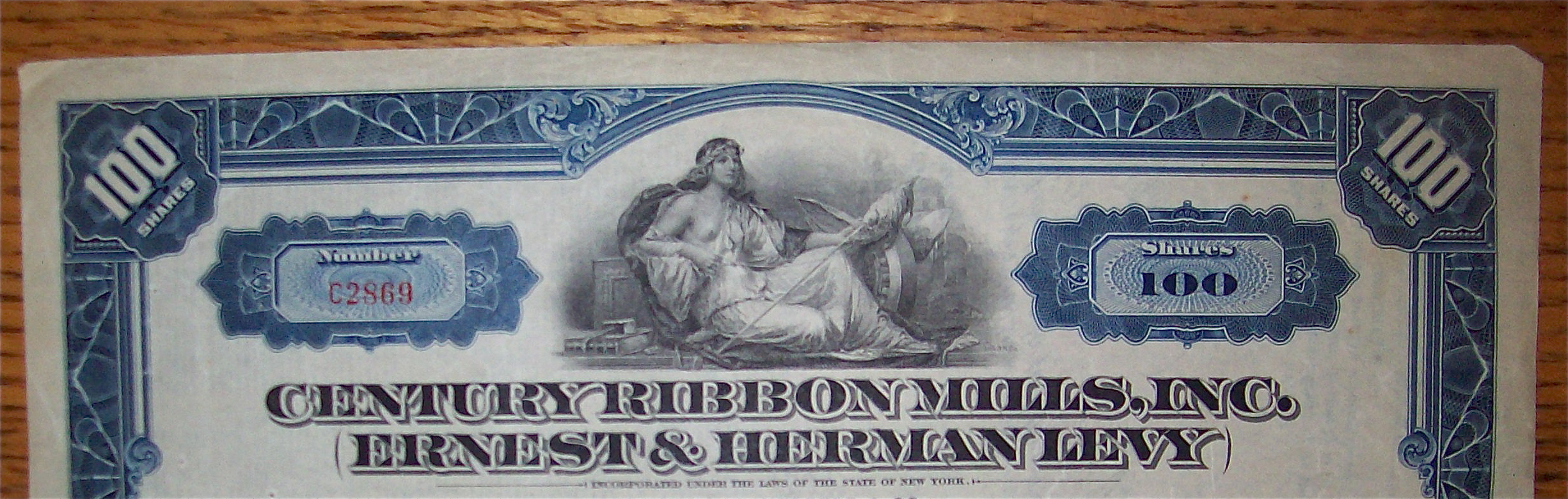 1929 Century Ribbon Mills Stock Certificate
