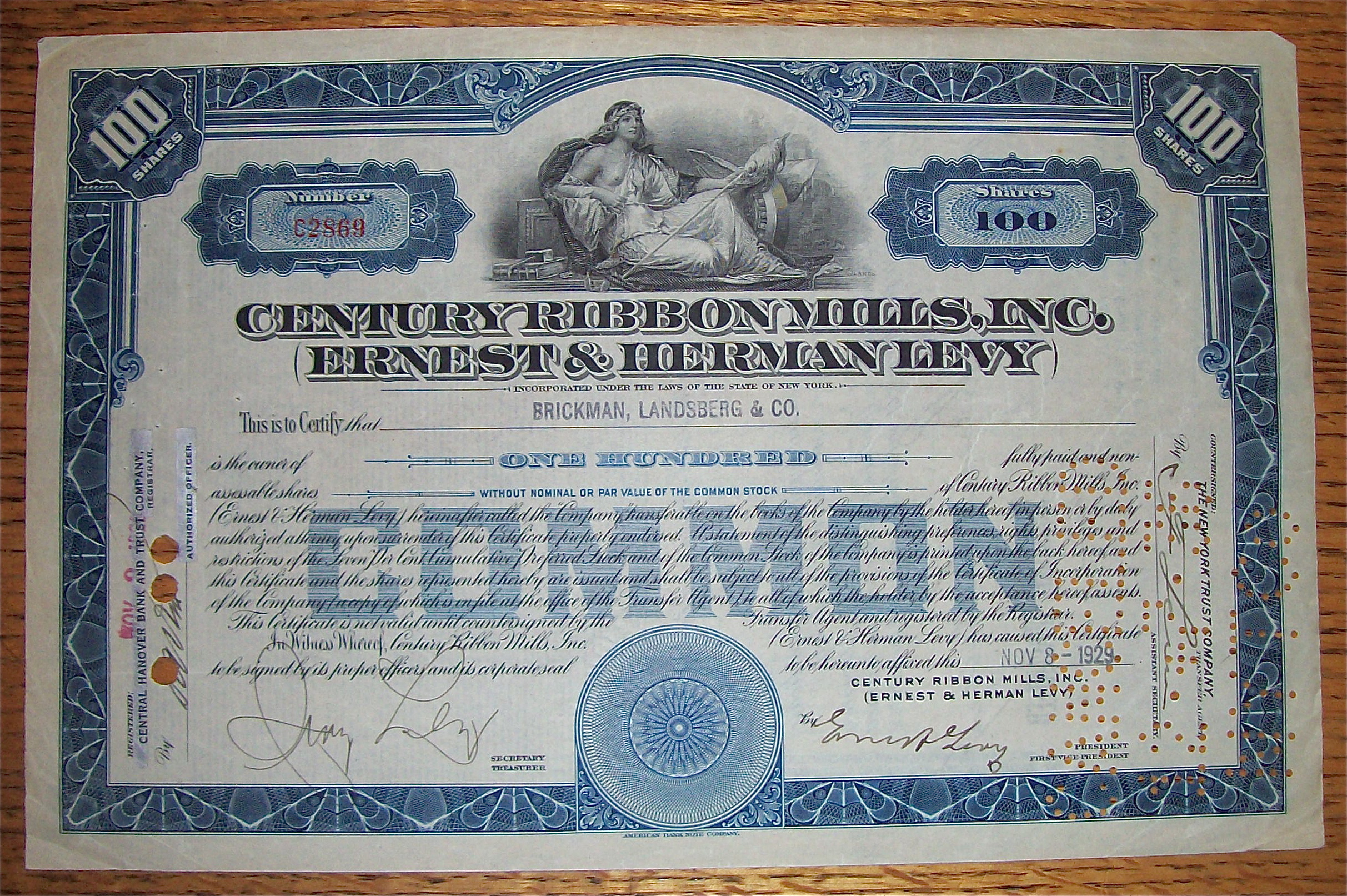 1929 Century Ribbon Mills Stock Certificate