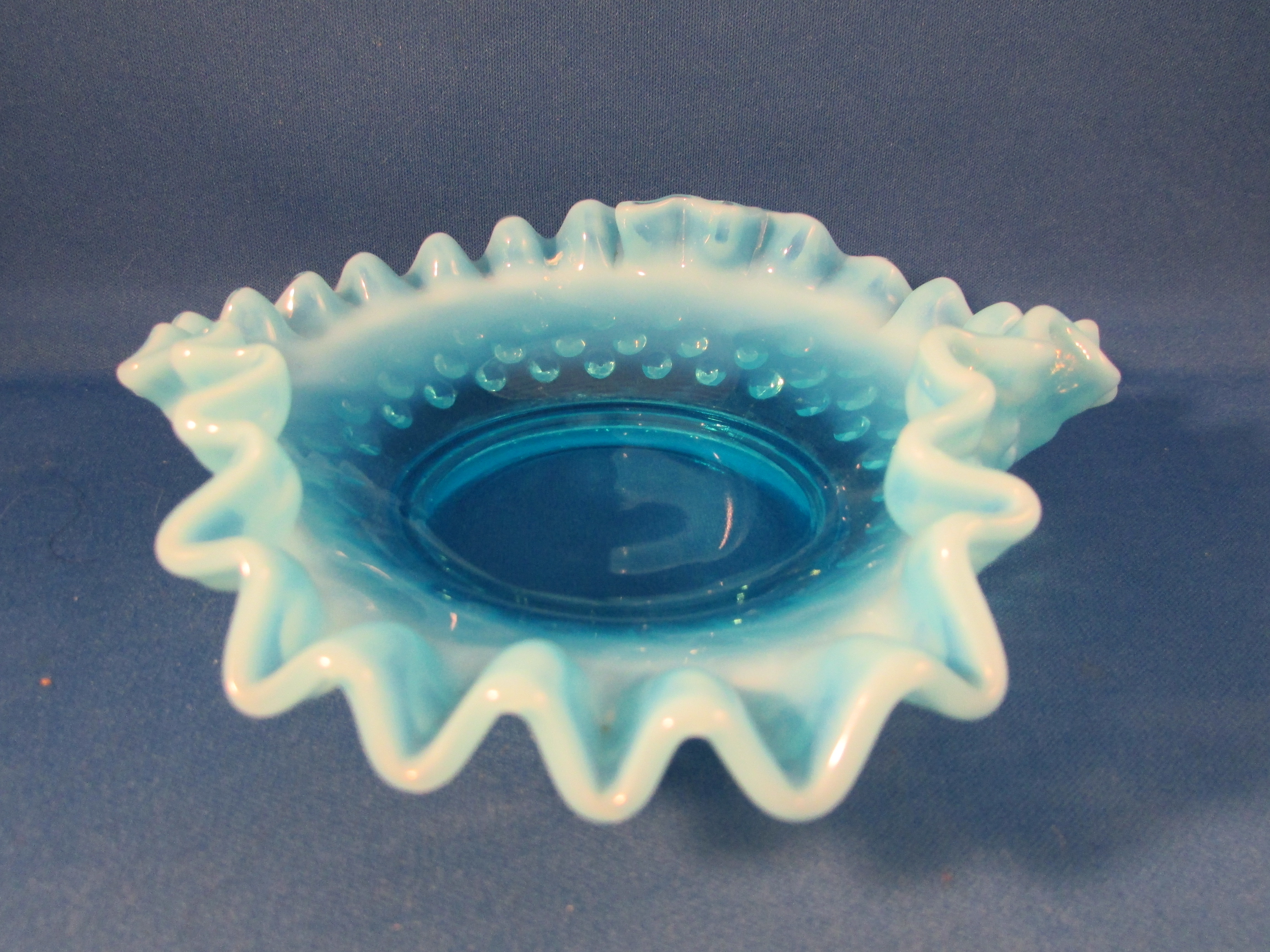Fenton Blue Opalescent Ruffled Nappy Bon Bon Bowl