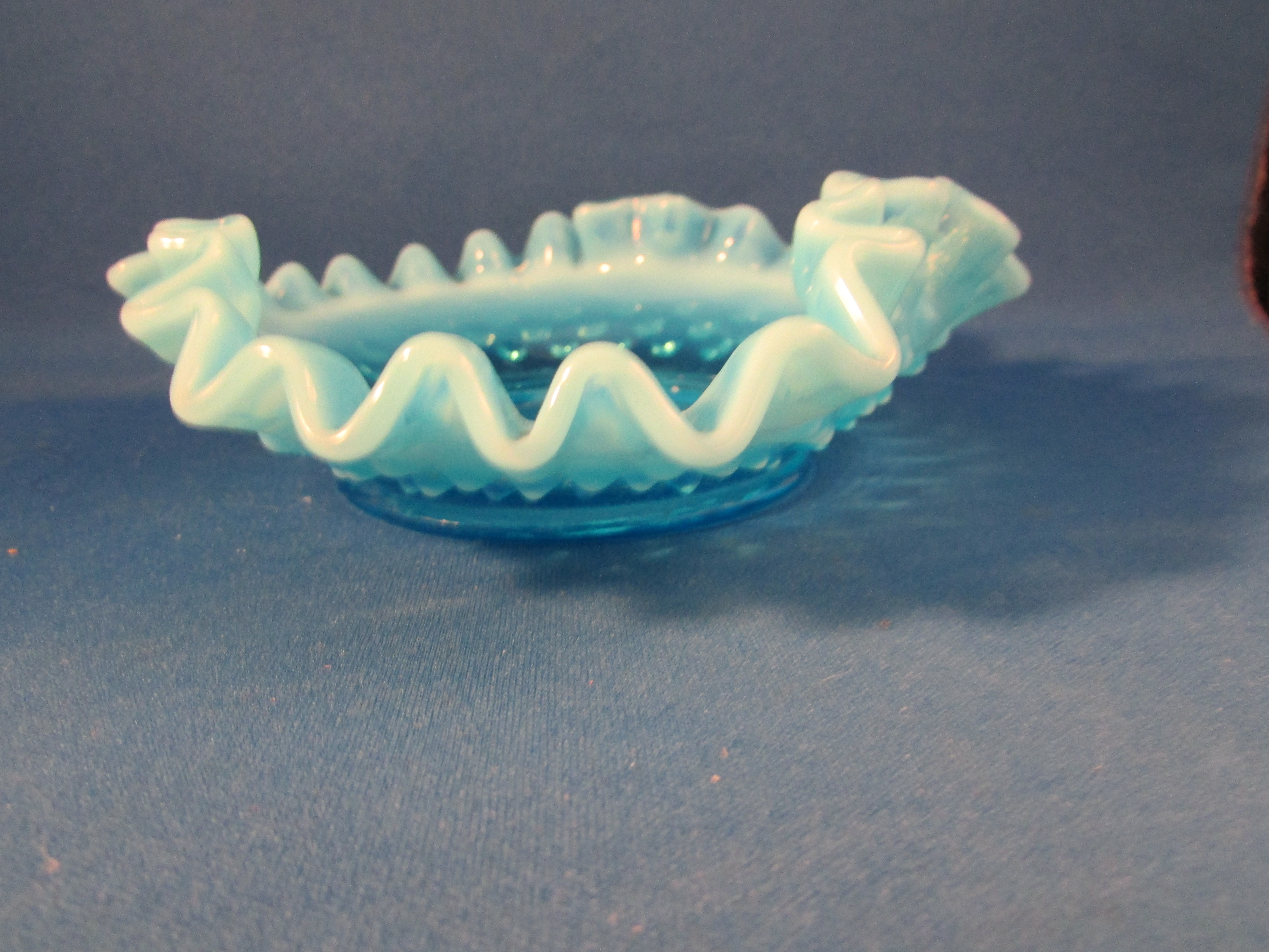 Fenton Blue Opalescent Ruffled Nappy Bon Bon Bowl