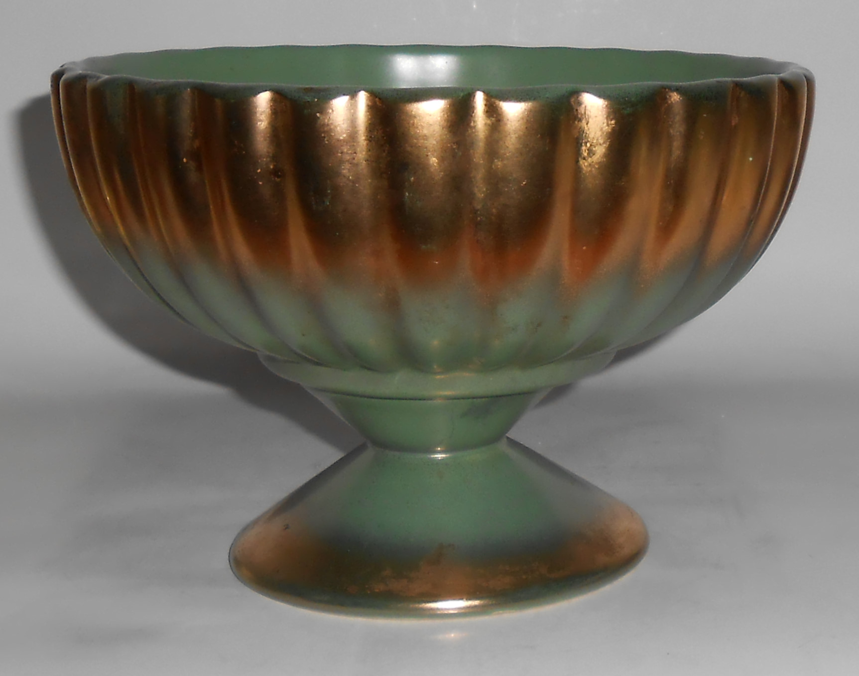 Bauer Pottery Tracy Irwin Green W/Gold Pumpkin Compote