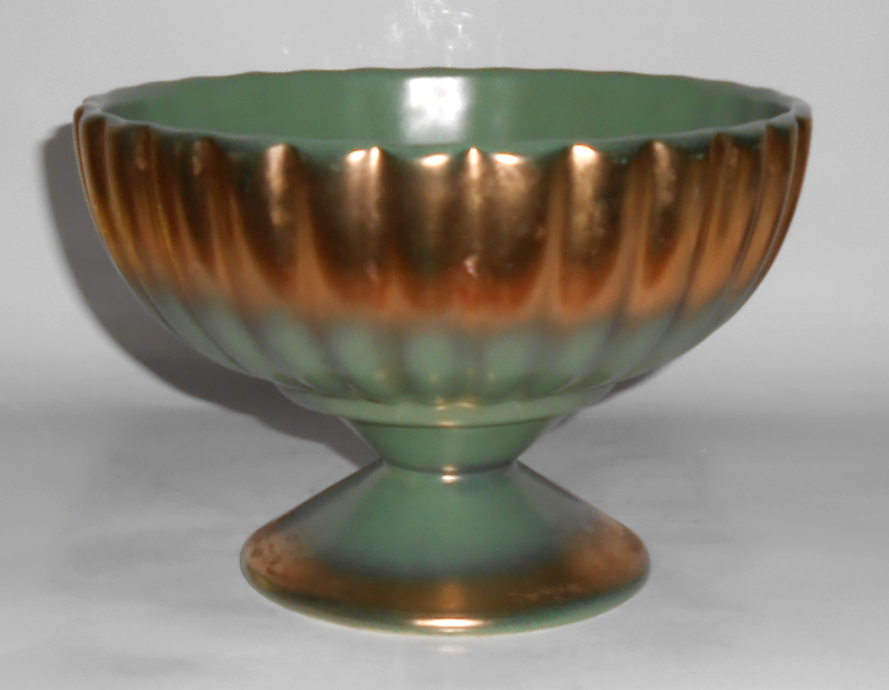 Bauer Pottery Tracy Irwin Green W/Gold Pumpkin Compote