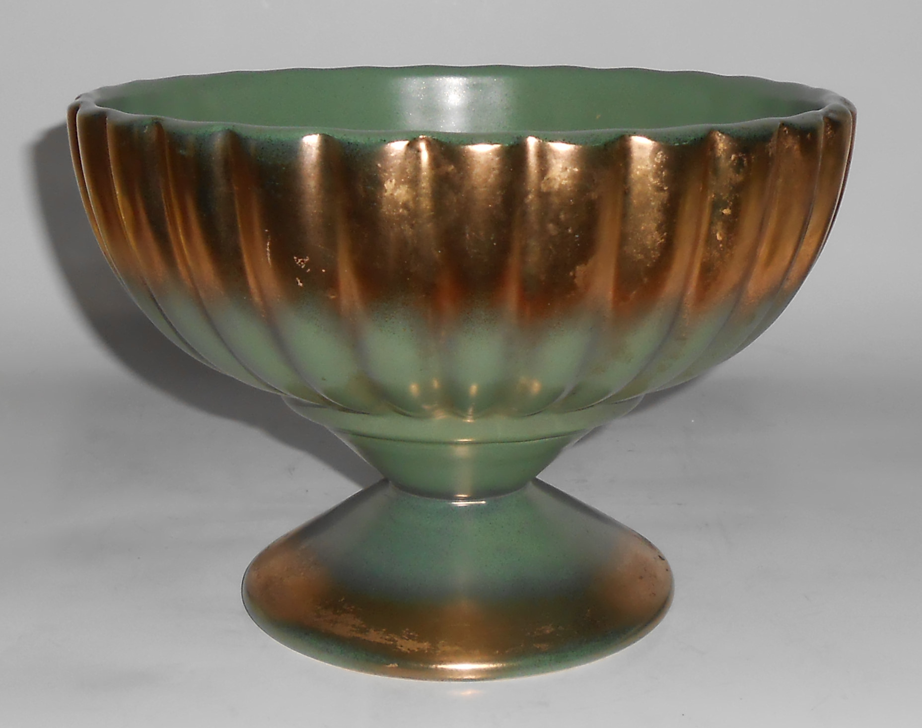 Bauer Pottery Tracy Irwin Green W/Gold Pumpkin Compote