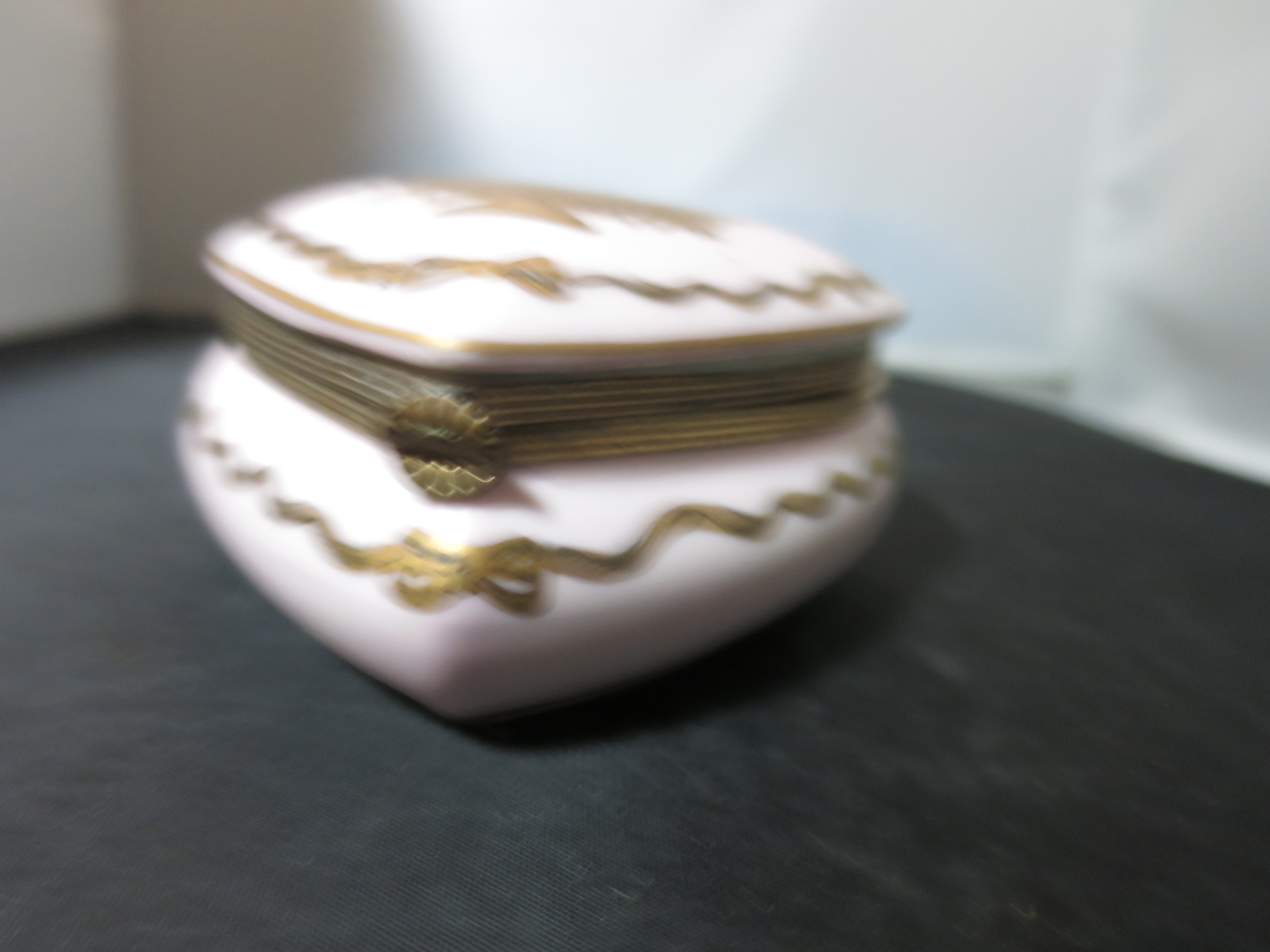 Art Deco Pink Heart Shaped Trinket Box hinged hand painted Bisque