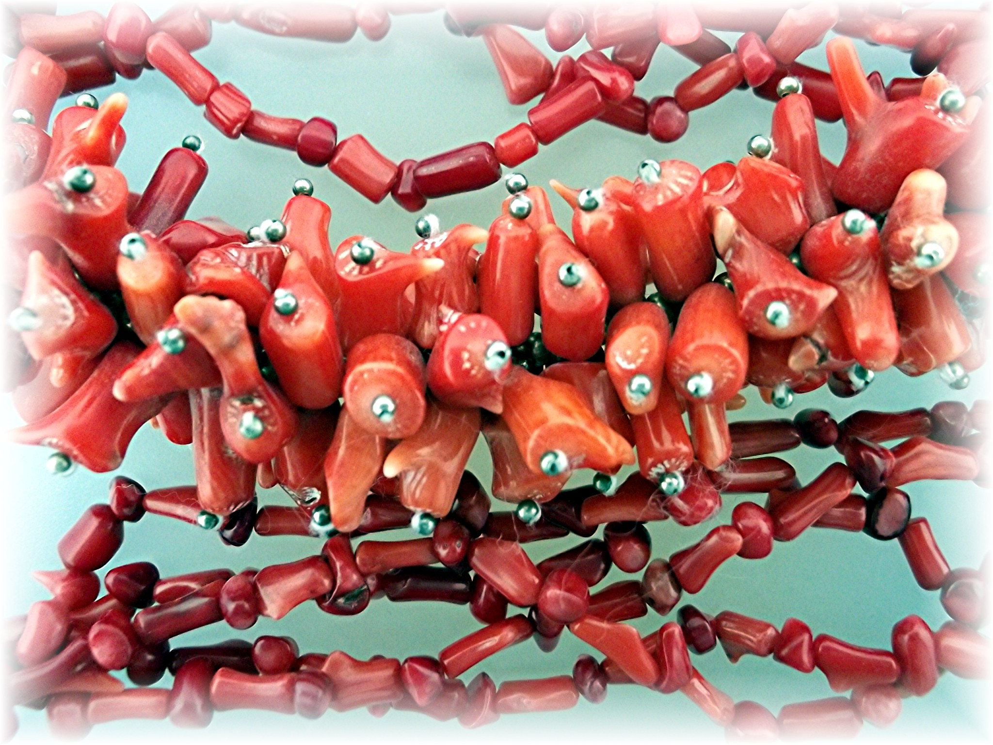Necklace Natural bamboo Red  Coral Sterling Silver