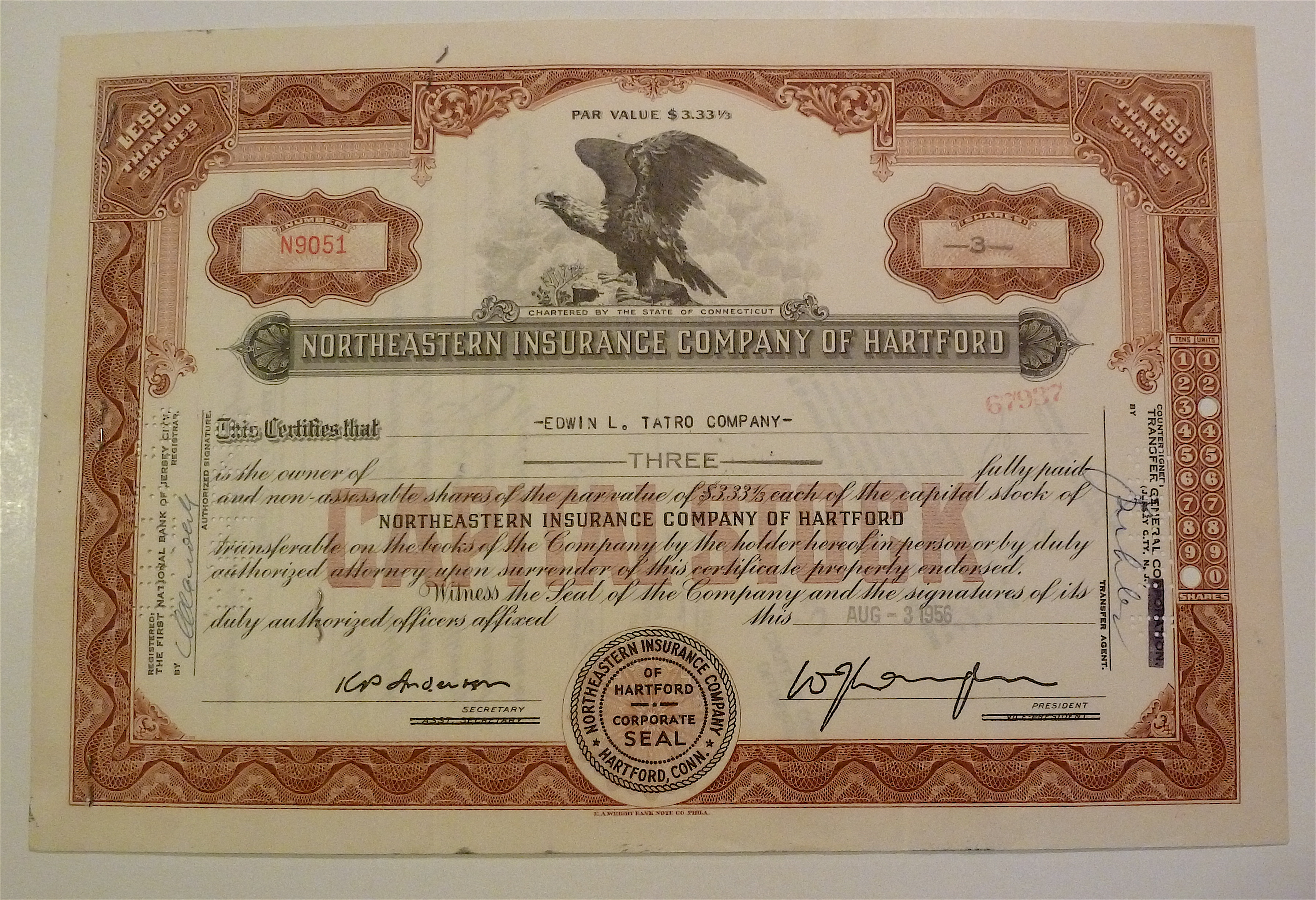 NorthEastern Insurance Co Of Hartford Stock Certificate