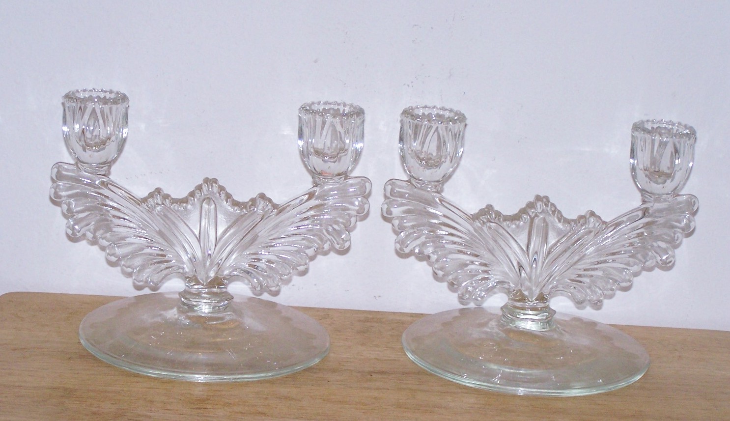 Pair Of Clear Glass Double Candlesticks