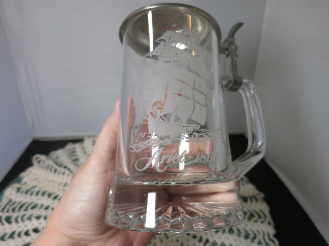 Vintage Old Spice Ariel 1866 Clipper Ship Etched Glass Pewter